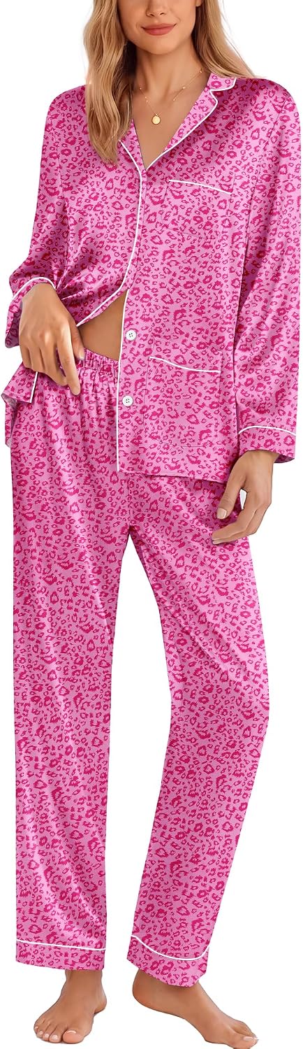 Ekouaer Pajamas for Women Silk Satin Button Down Long Sleeve Pajama Sets
