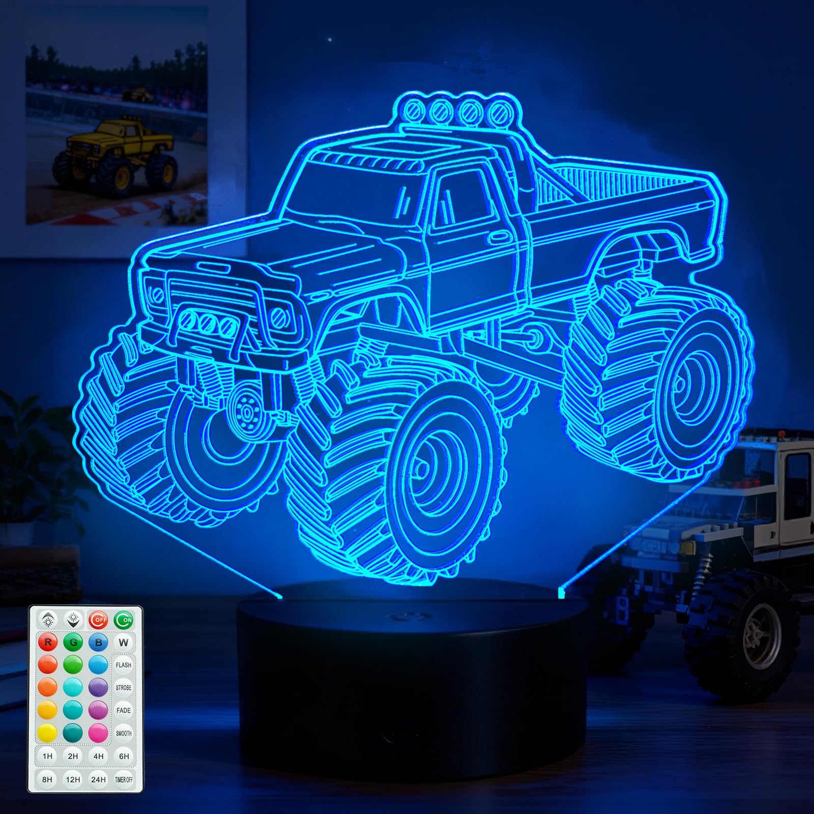 Monster Truck Night Light, Monster Truck Gifts, 3D Illusion Lamp with Remote Control, 16 RGB Colors, 4 Flashing Modes, Timer, Dimmable, Kids Room