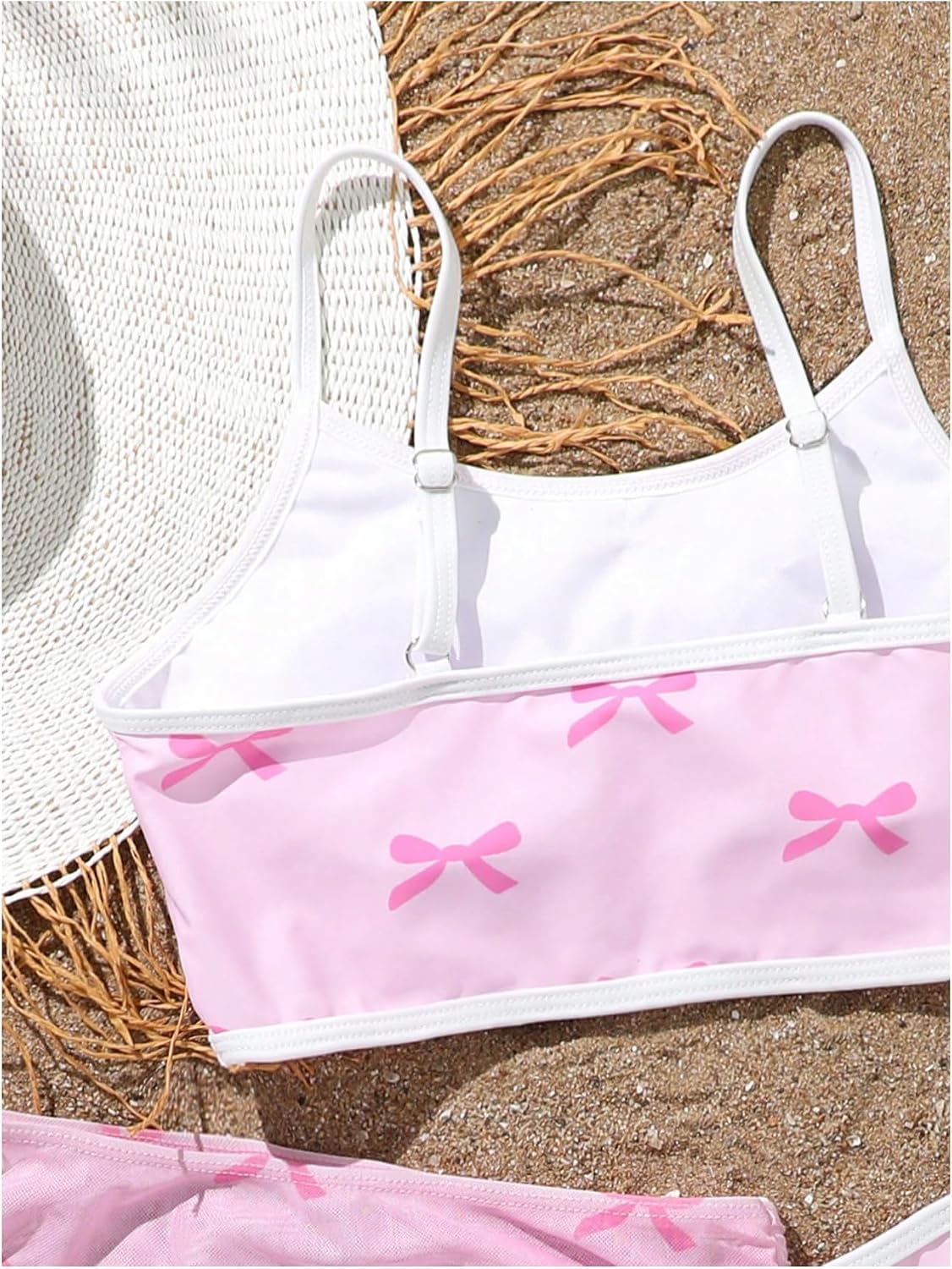 MakeMeChic Girl's 3 Piece Bikini Set Bow Swimsuit Spaghetti Strap Cute Bathing Suit with Ruched Cover Up Skirt Pink A 12Y