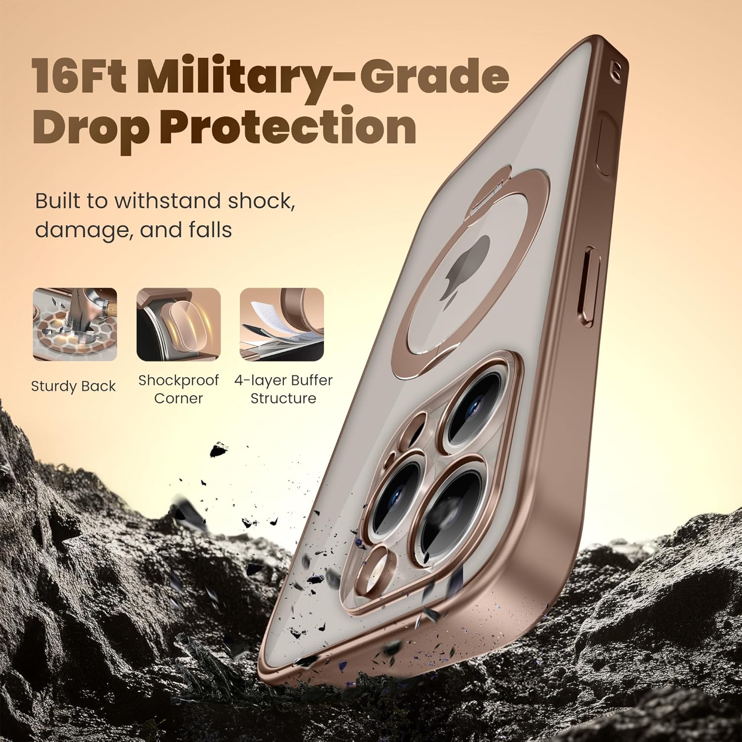 GolbinBox for iPhone 16 Pro Max Case with 360° Spin Magnetic Stand,[Compatible with Magsafe] [Military Protection][Built-in Ring Holder] Camera Control Phone Case for 16 Pro Max,Desert Titanium/Clear