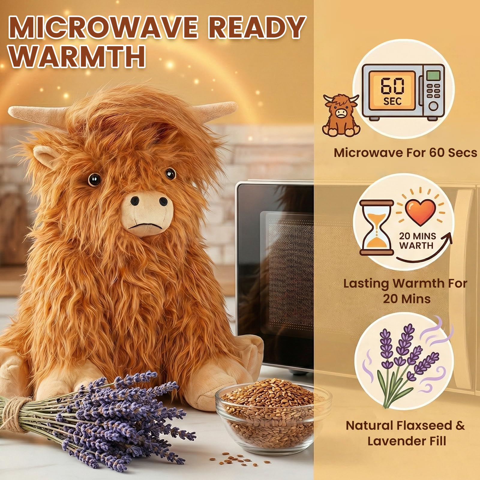 SuzziPals SuzziPals Highland Cow Stuffed Animals, Microwavable Stuffed Animals Heating Pad for Cramps & Pain, Lavender Scented Highland Cow Plush for Stress Relief, Stuffed Cow Gifts Plush Toys, Highland Cattle in use