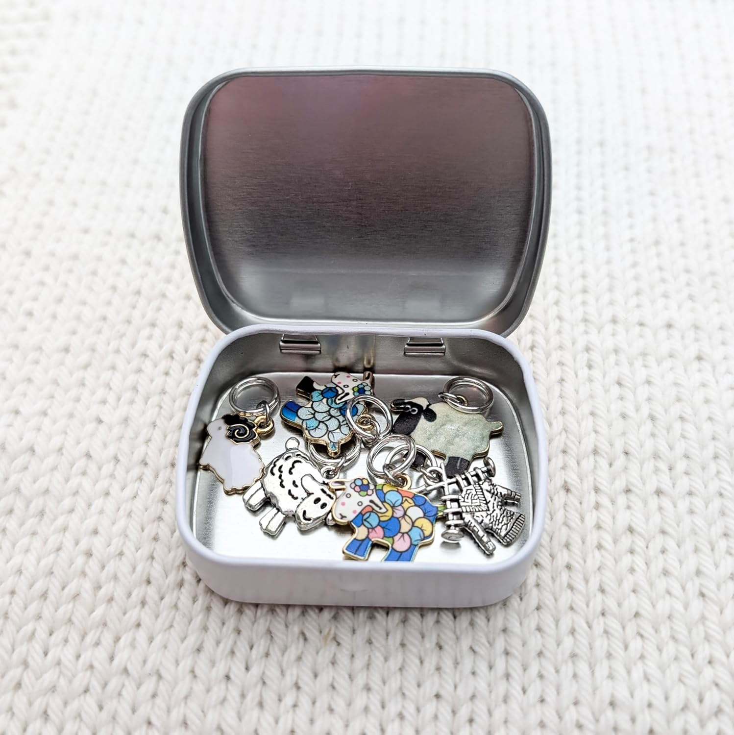 Sheep Knitting Stitch Markers with Storage Tin | Snag Free Ring Style Closed Rings for Knitting | Cute Gift for Knitters & Wool Lovers | Handmade by Pretty Warm Designs