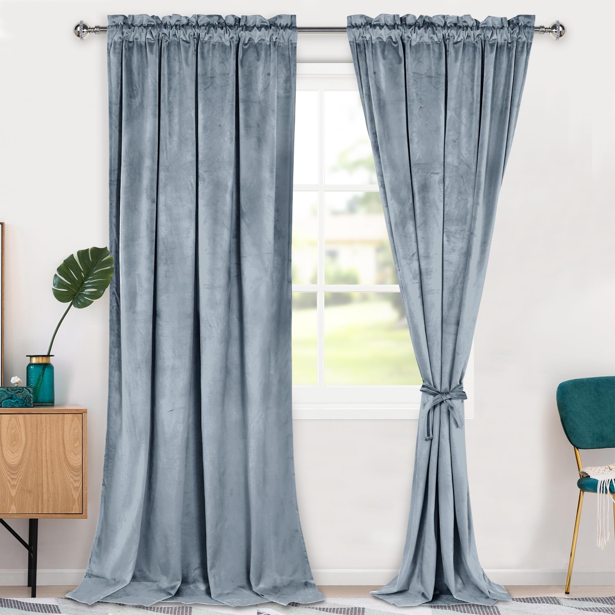 Rideaux occultants de luxe en velours lourd Hiasan bleu pierre 243 cm