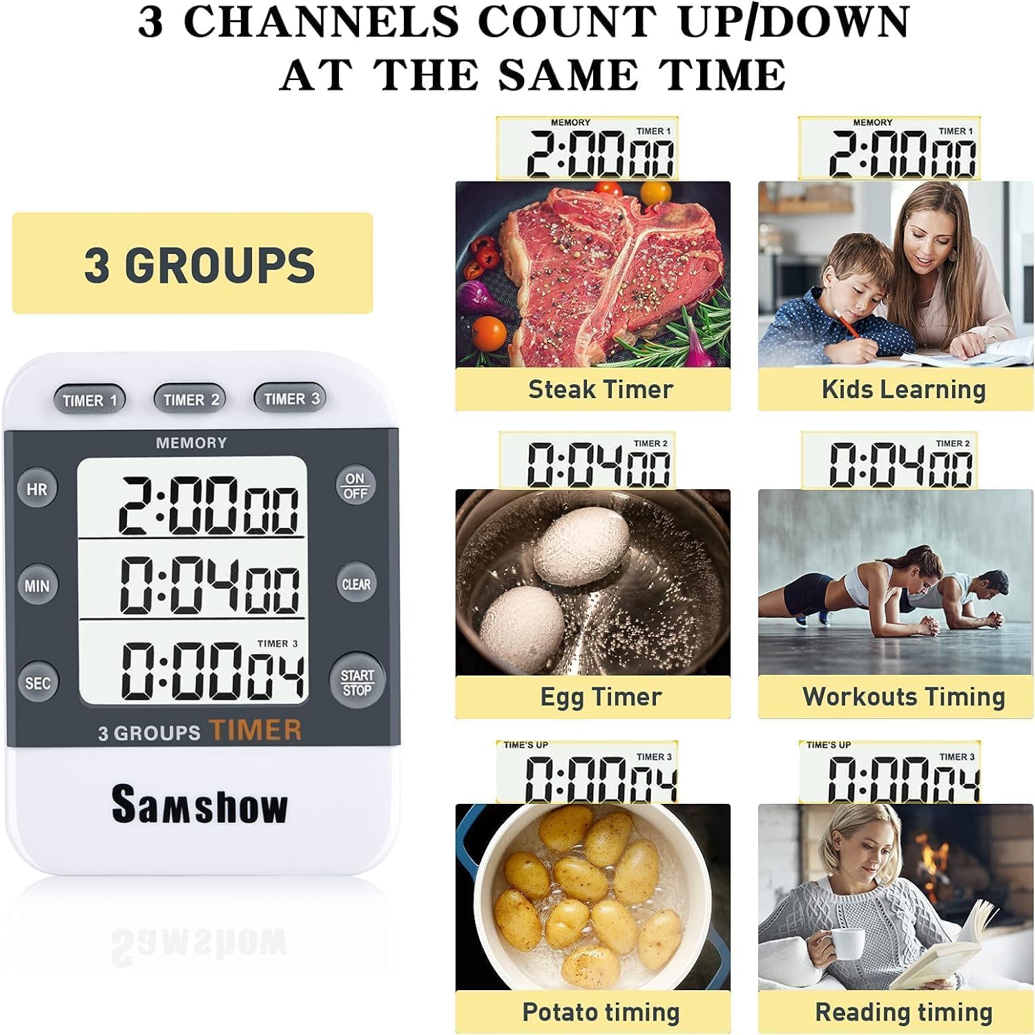 Samshow Digital Kitchen Timer demonstrating simultaneous use of three timers for different tasks.