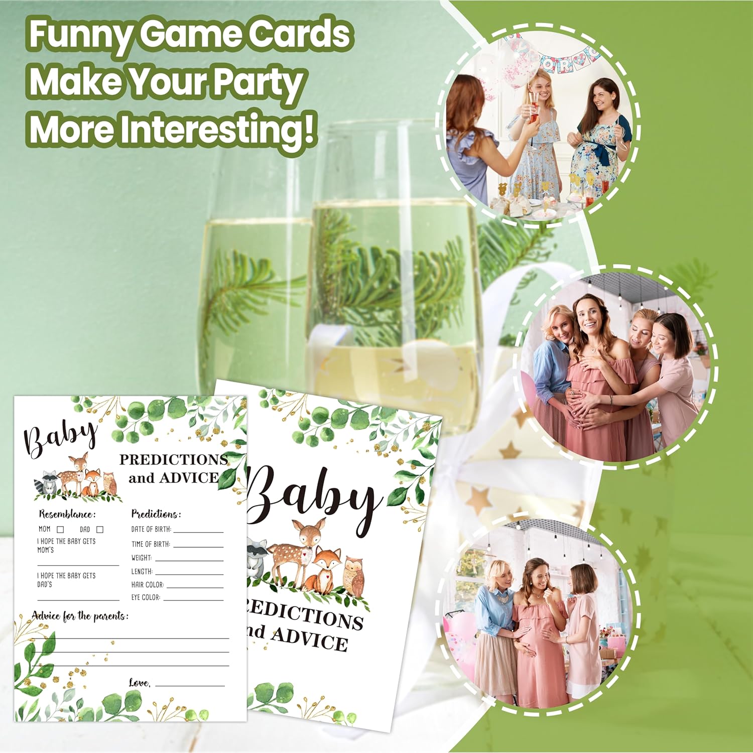 DETIHO Woodland Animal Baby shower Predictions And Advice Cards(5"X7")-Safari Baby shower Double-Sided Game Cards Party Favor-30Pcs-C05