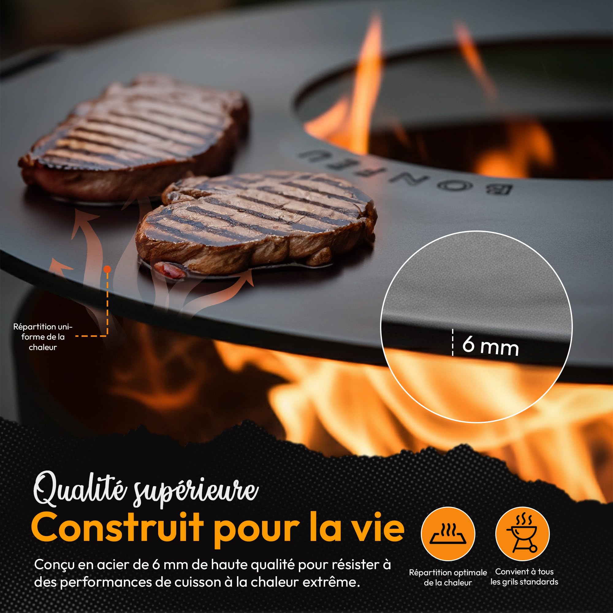 BonFeu BonPlancha Plaque de Grill Ø80cm Gaz & Bois Acier