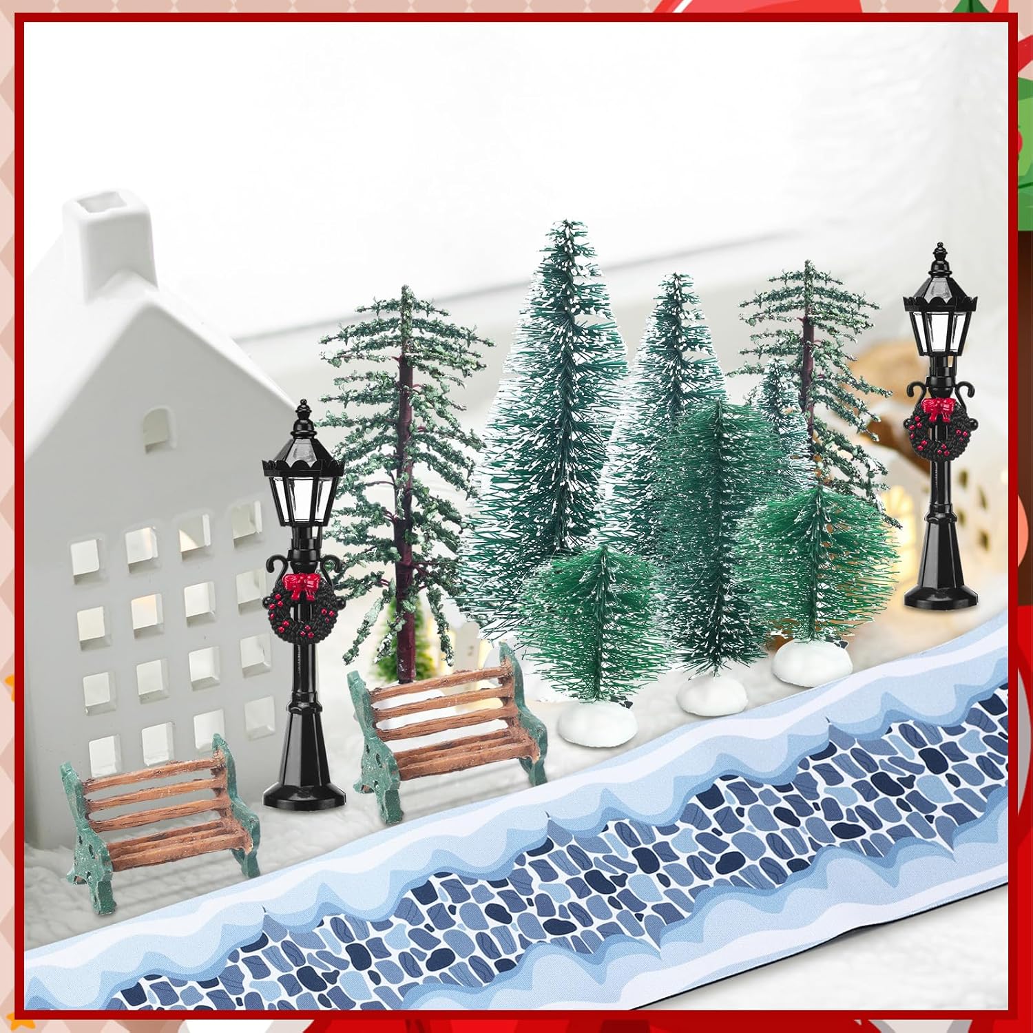 22 Pcs Christmas Village Sets Accessories Miniature Pine Trees Christmas Village Frosted Christmas Tree Figurine Streetlight Lamps Village Street Mat Park Bench Seat for Xmas Winter Decor - Image 4