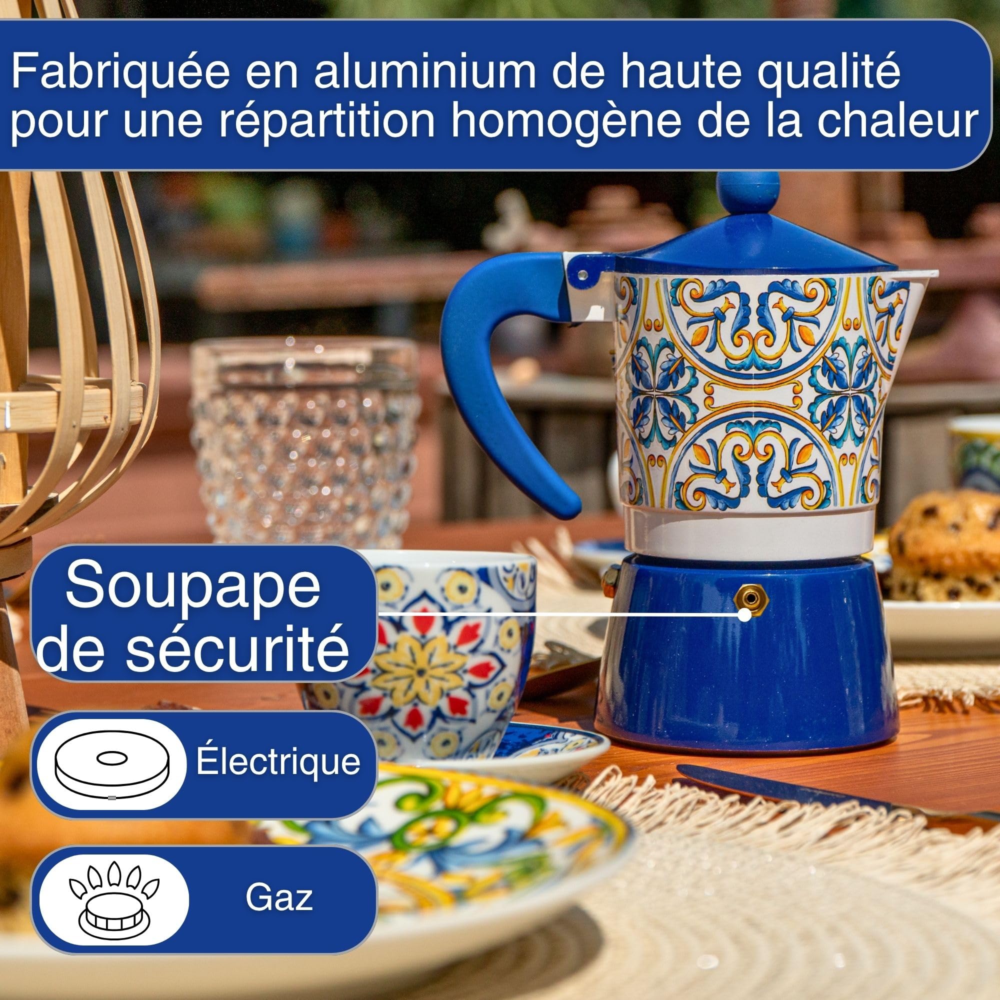 NAMAI - Cafetiere Italienne 3 Tasses de 180 ML, Aluminium Résistant, Avec Poignée Isolante, Couleurs Vives, Coffee Maker, Non Compatible Avec l'Induction, Idée Cadeau (Vietri)