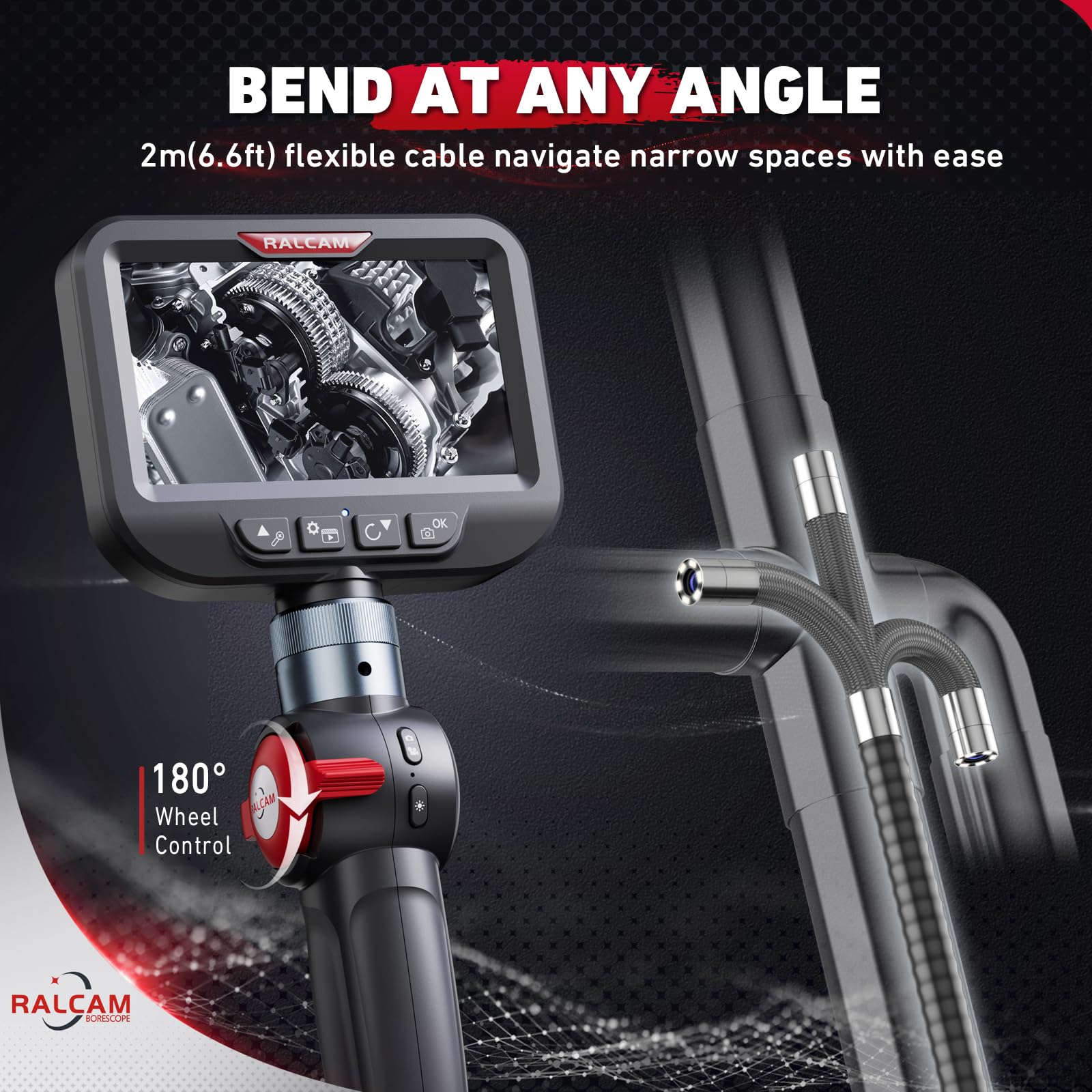Cámara boroscopio articulada de 2 vías de 180° con luz, sonda ultrafina de 6.2 mm, cámara de inspección HD de 4.3 pulgadas, endoscopio industrial flexible de serpiente de 6.6 pies para pared de motor