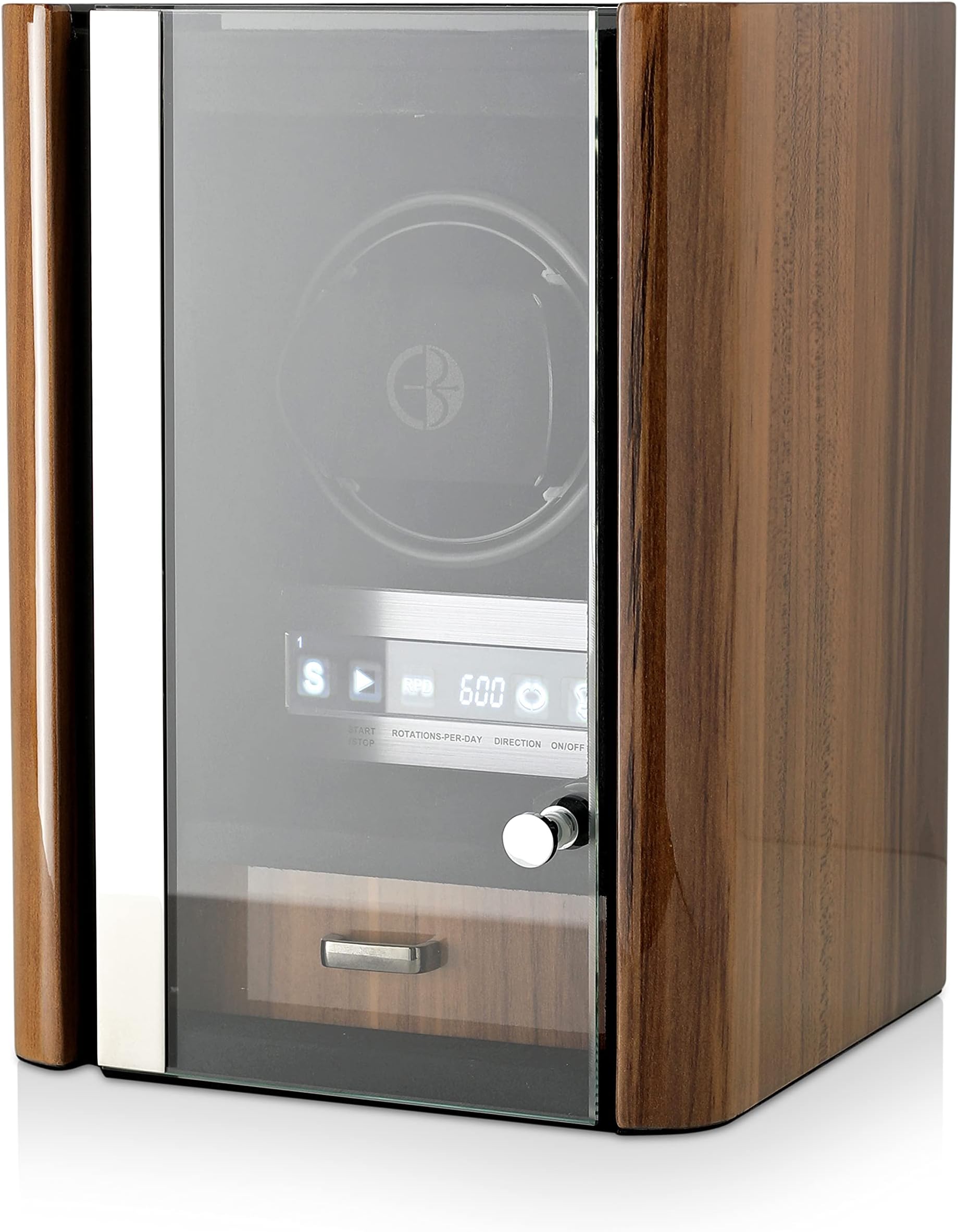 Single Watch Winder Box for Winding Automatic Watches with LED Ccase Backlight, LCD Touchscreen Display and Storage Compartment for All Watch Brands and All Watch Sizes (Walnut)
