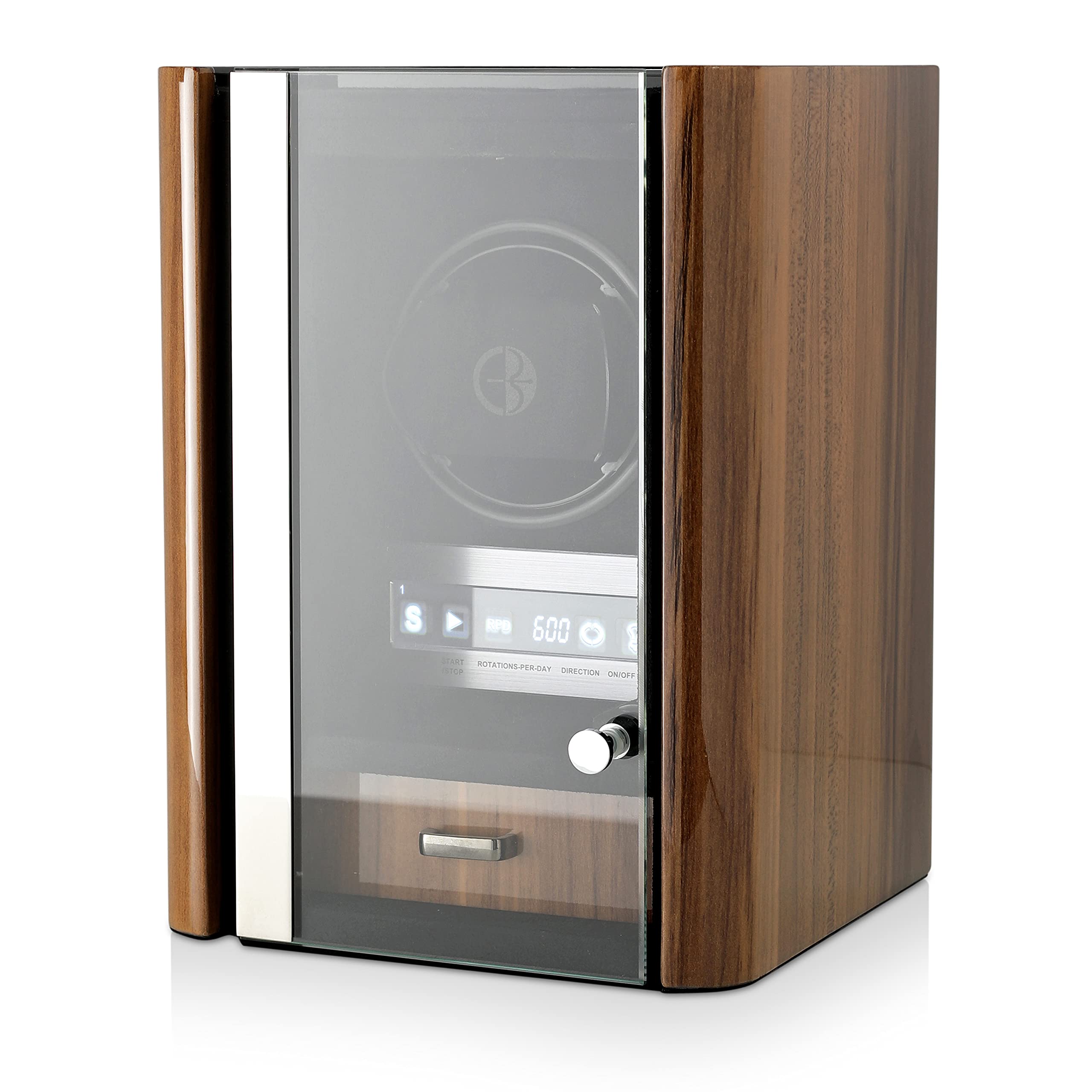 Single Watch Winder Box for Winding Automatic Watches with LED Ccase Backlight, LCD Touchscreen Display and Storage Compartment for All Watch Brands and All Watch Sizes (Walnut)