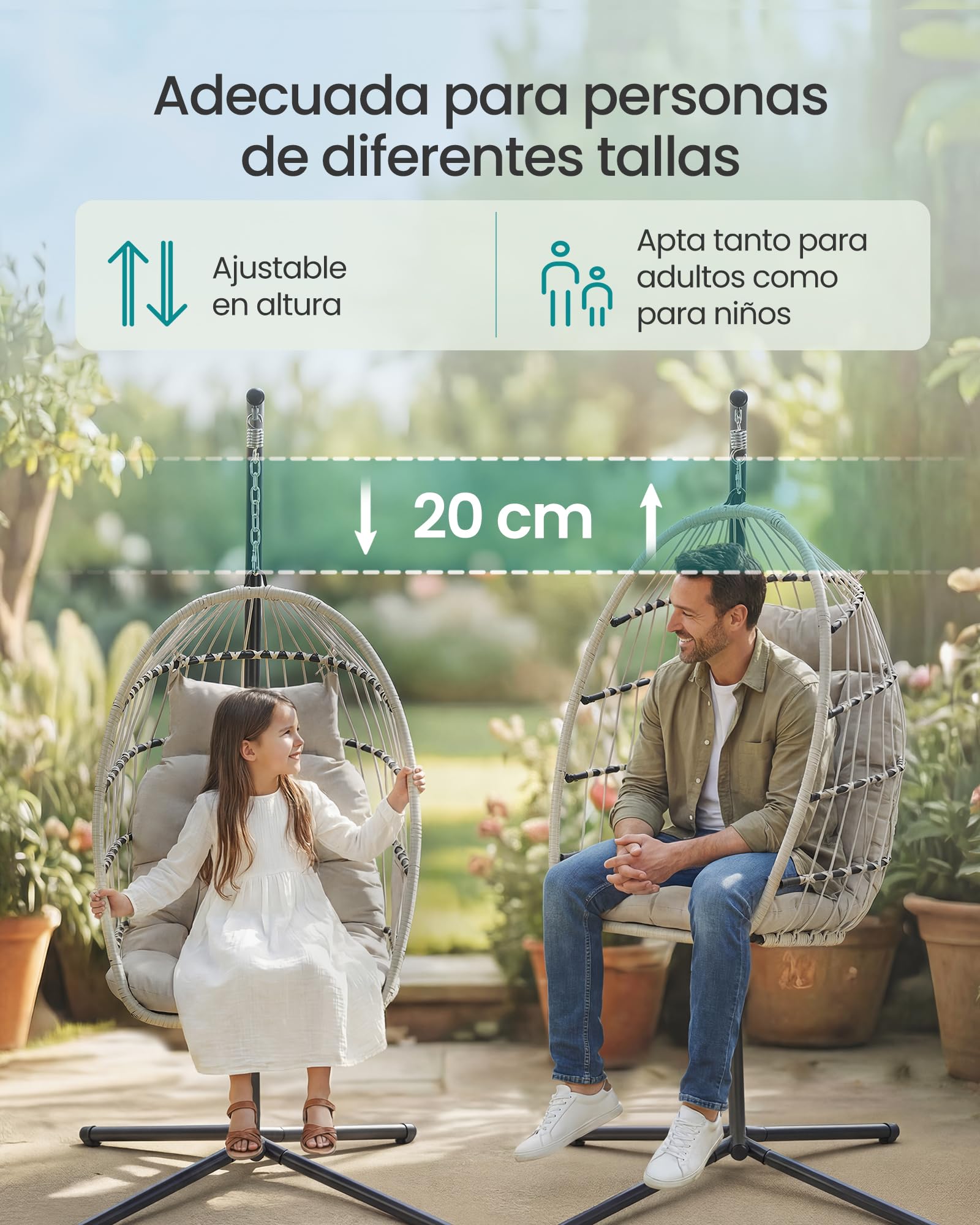 SONGMICS Silla Colgante de Exterior, Cesta Plegable, Sillón Hamaca Tipo Huevo, Altura Ajustable, Bolsillo Lateral, Asiento Acolchado, para Sala de Estar, Jardín y Balcón, Blanco GDC050WZ01