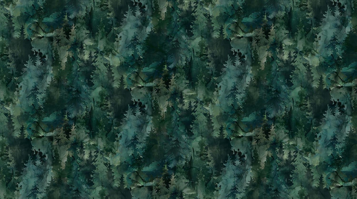 Northcott Northern Peaks DP25169 74 Dark Green Trees Print Fabric