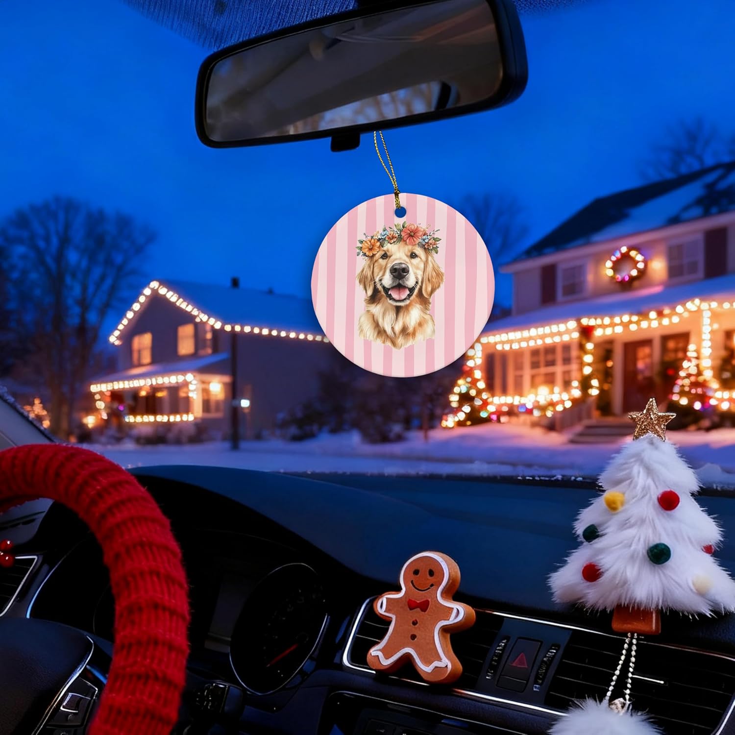 Golden Retriever Christmas Ornament, Gifts for Golden Retriever Lovers, Floral Dog Ornament for Christmas Tree, Pink Striped Dog Decorative Hanging Ceramic Ornaments for Xmas Party Holiday - Image 6