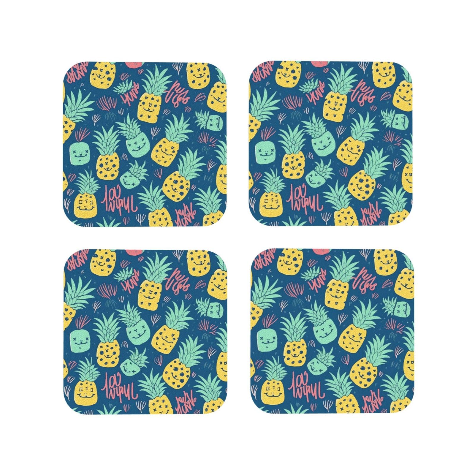 4pcs Drink Coasters for Tabletop Protection, 4" Leather Coasters for Drinks, Cute Pineapple Pattern Cup Coasters for Coffee Table Decor, Non-Slip Drinking Cup Mat for Hot Or Cold Drink
