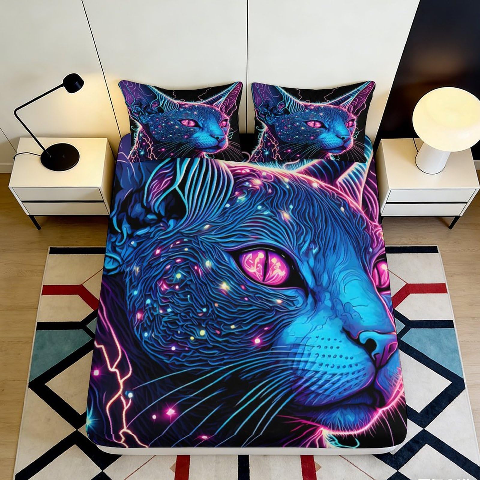 3D Printed Neon Cat Fitted Sheet Microfiber Anti-Slip Bed Sheet for Bedroom Dorm Decor Cosmic Fantasy Mattress Cover 90x200x25cm