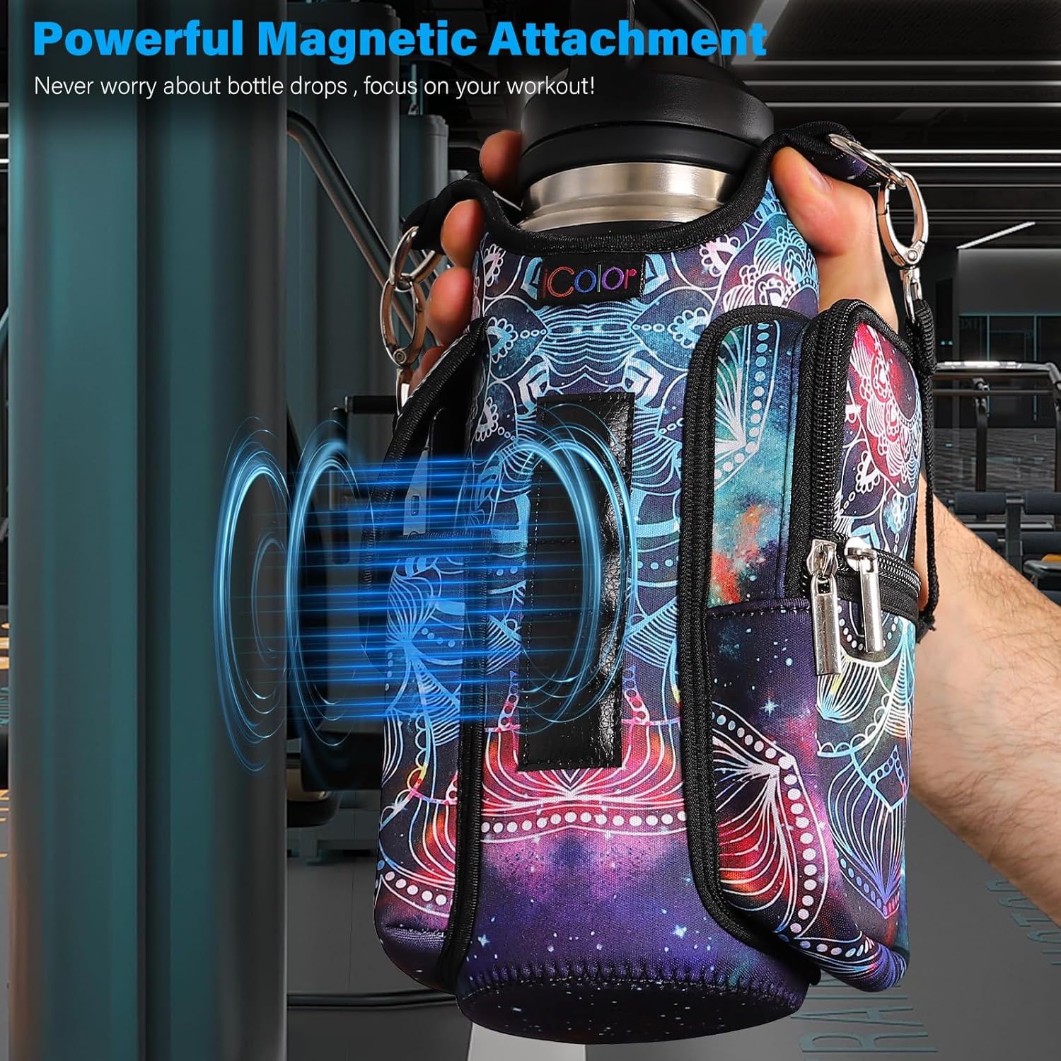 icolor Magnetic Gym Bag Water Bottle Carrier Holder with Phone Pockets & Shoulder Strap,Gym Magnetic Bag 5 Built-in Magnets Gym Accessories Organizer Sling Bottle Bag Pouch Sleeve - Image 2