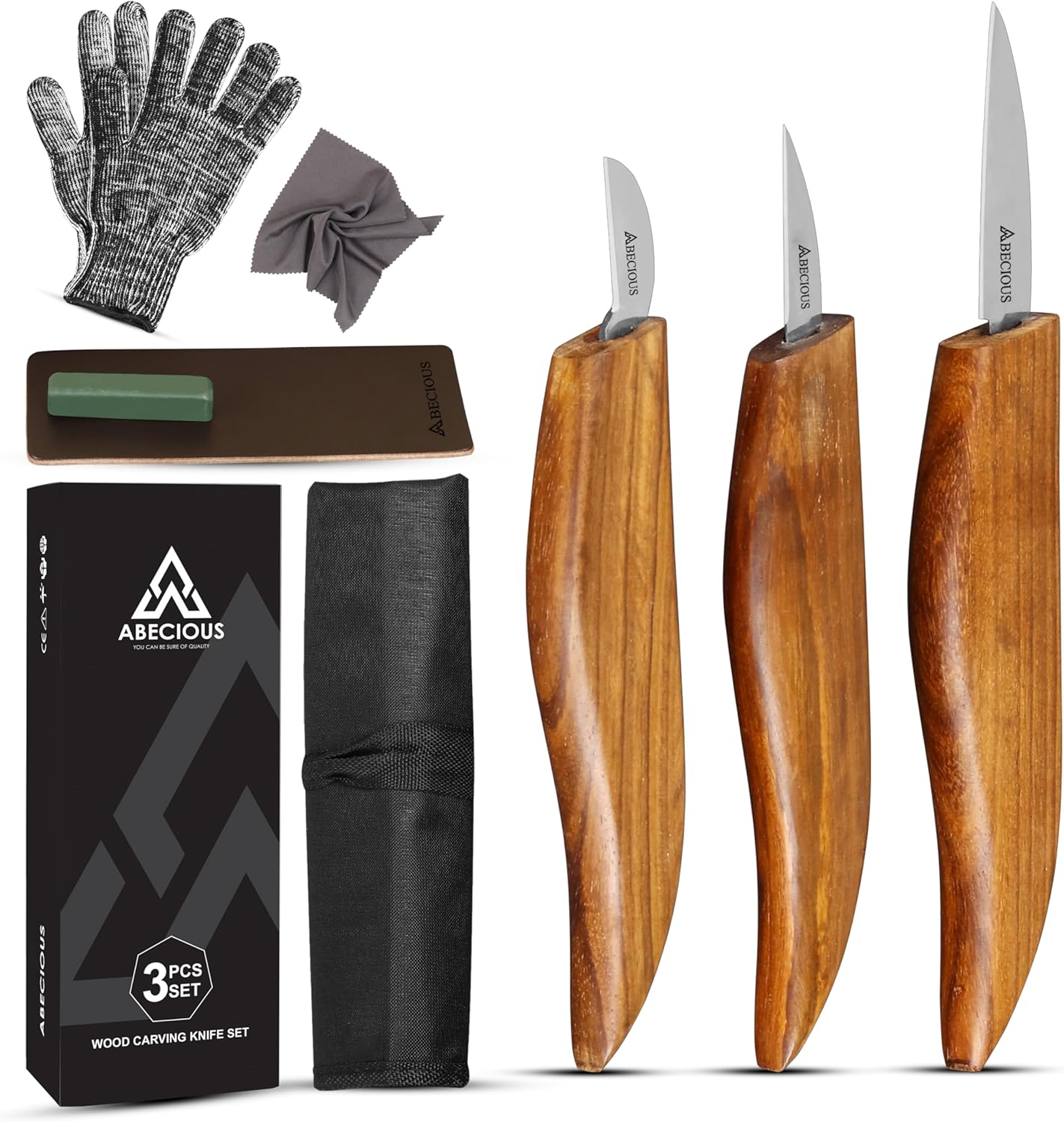 ABECIOUS Premium Wood Carving Tools 8 PCS - Wood Carving Knife, Wood Whittling Kit Includes Cut Resistant Gloves for Wood Carving, Rust-Free High Carbon Steel Wood Carving Knives with Rosewood Handle.