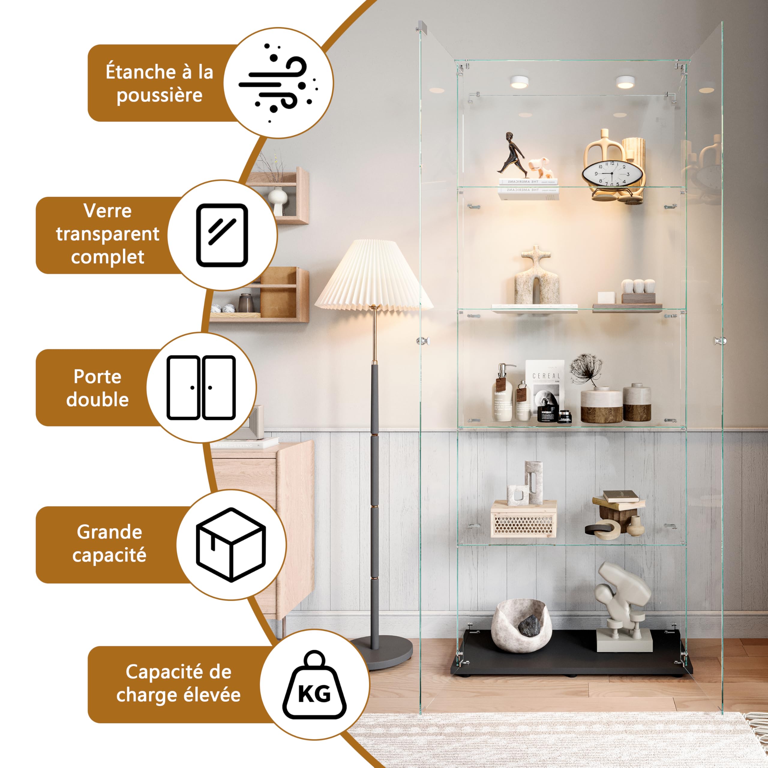 Vitrina de cristal con 2 puertas 5 estantería, mueble vitrina de cristal LED con cerradura, armario de cristal, vitrina de cristal con portavitrinas a pie para colecciónescaparate columna