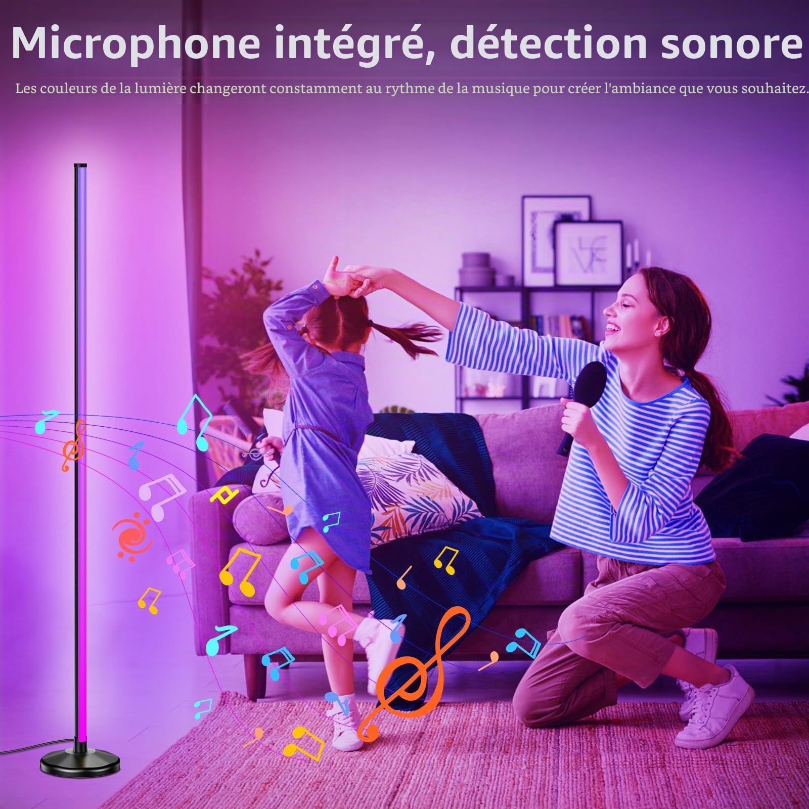 NIKYJM Lampadaire d'Angle LED, Lampe sur Pied RGB 145cm RGB Lampadaire LED, Lampe d'Angle avec APP Contrôle et Télécommande,16 Millions Couleurs et 300 Modes, Musique Sync pour Chambre Salon
