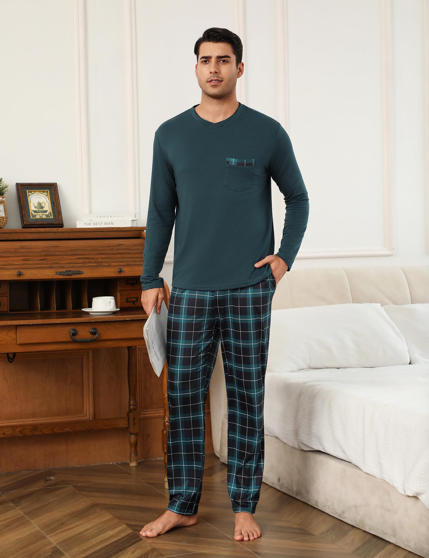 Leversic Pigiama Uomo Invernale Pigiama Lungo Cotone Uomo Pigiama da Uomo Scollo a V Pigiama Due Pezzi Pigiama Maniche Lunghe e Pantaloni a Quadri S-3XL