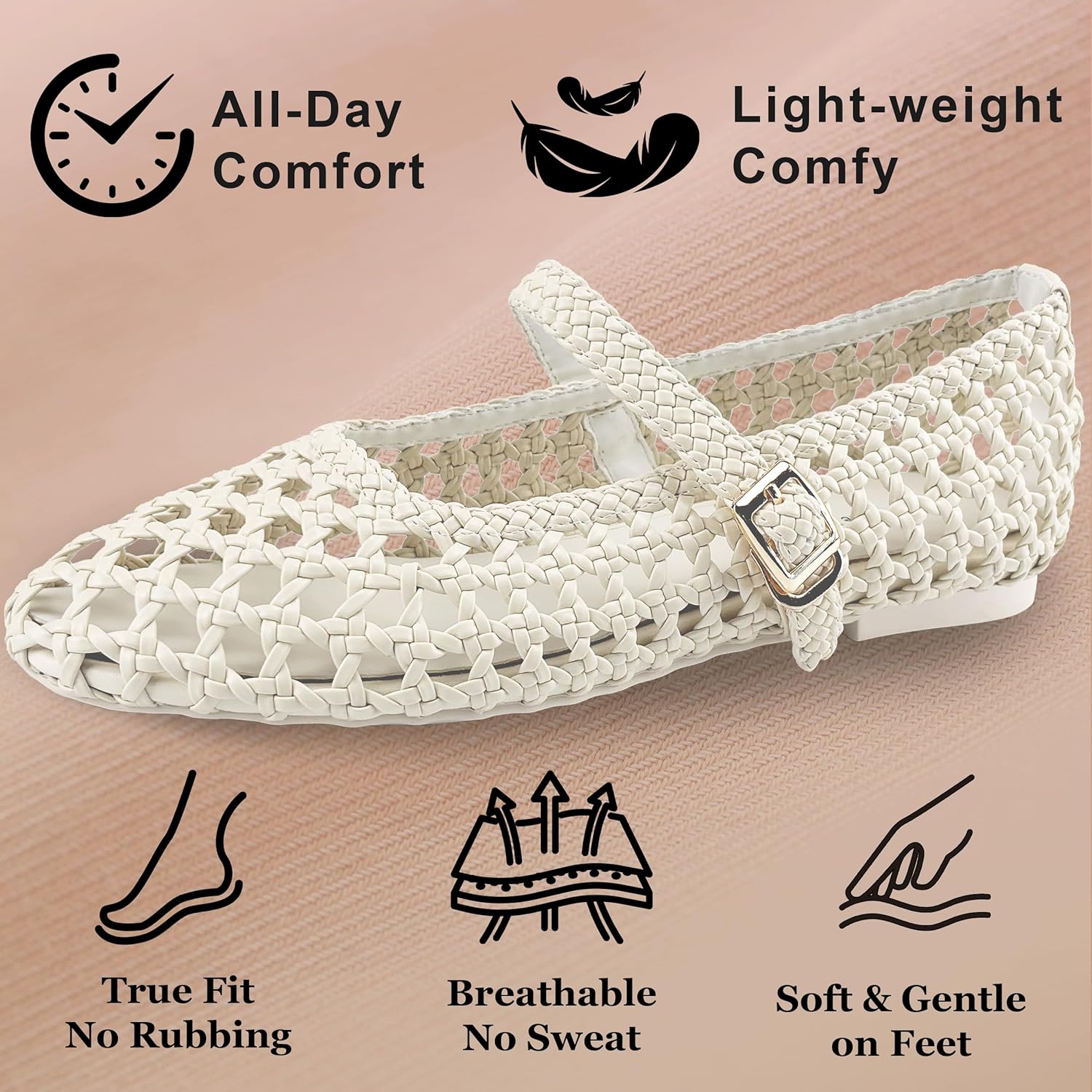 Woven Flats for Women Mary Jane Ballet Flats Shoes with Adjustable Buckle Strap, Hidden 0.6 Inch Heel,Memory Foam, Faux Leather, Soft Comfy Dressy Shoes - Image 5