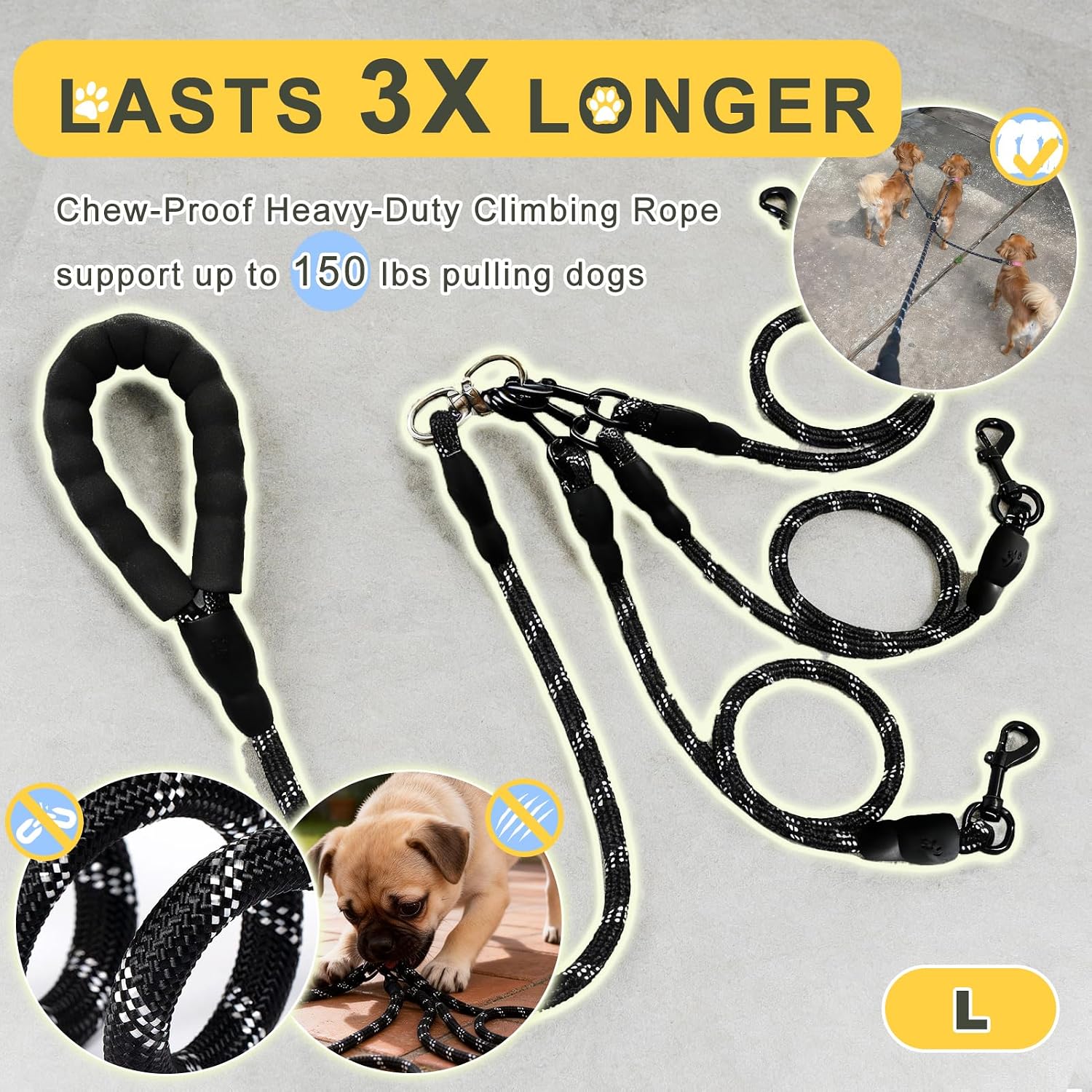 Dual Dog Leash - 360° Swivel No Tangle Walking Leash, Detachable Design with Reflective Strips & Shock Absorbing Bungee, Fit for Small Medium Large Dogs (Purple, Three Leashes)