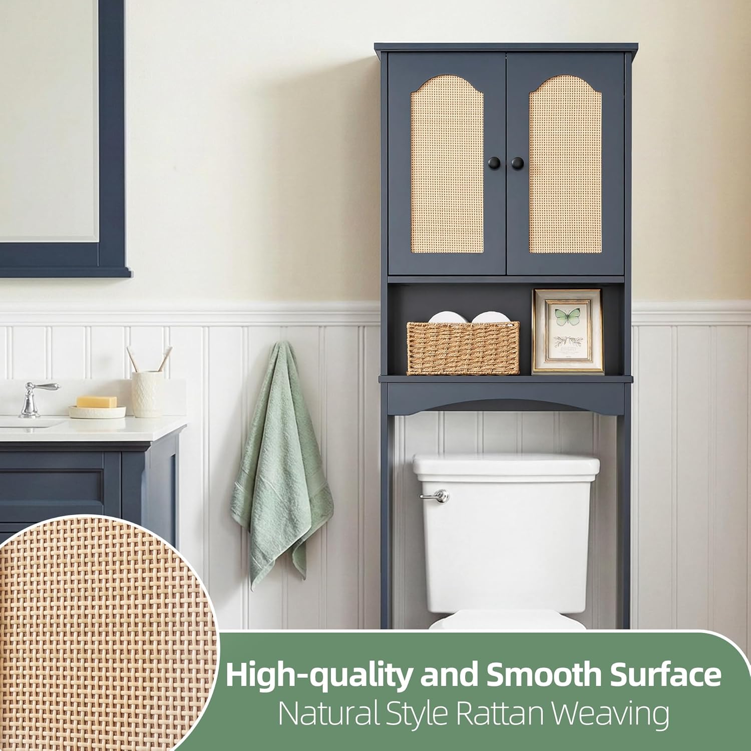 Premium Over The Toilet Storage Cabinet, Boho & Farmhouse Rattan Bathroom Organizer, Adjustable Bottom Bar for Water Valve Clearance, Navy Blue P2 MDF, 24"x70"
