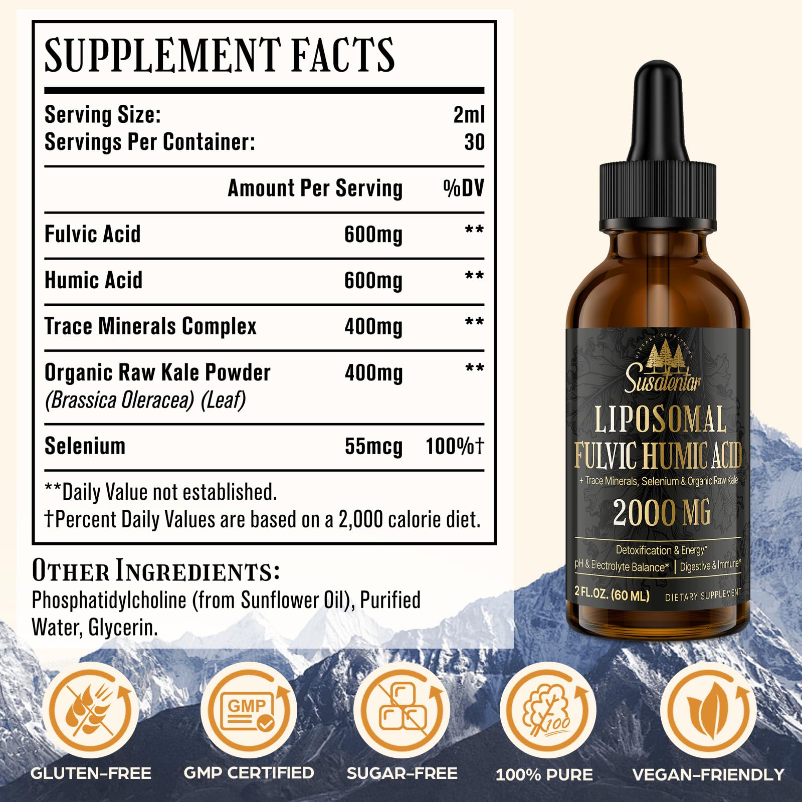 2000 MG Liposomal Fulvic Acid + Humic Acid + Trace Minerals Complex - More Potent Than Shilajit, Electrolytes Liquid Supplement with Organic Kale for Energy, Digestion, Immunity & pH Balance, 2 Oz — Amazon image 2