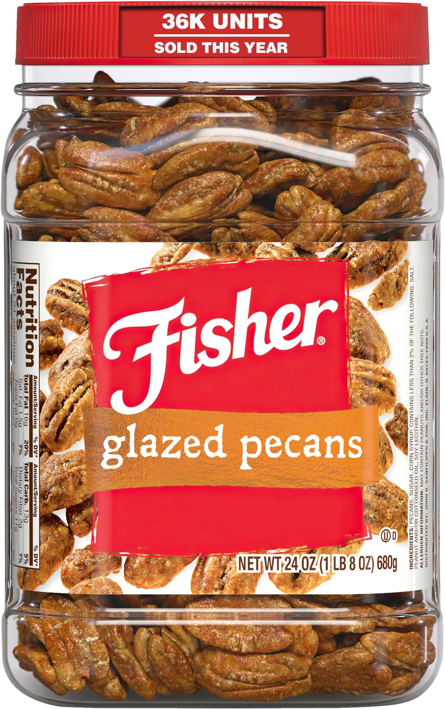 Fisher Snack Glazed Pecans Candied, 24 oz (Pack of 1), Junior Mammoth Candied Pecans, Perfect for Gifting or Personal Enjoyment, Crunchy, and Irresistibly Sweet