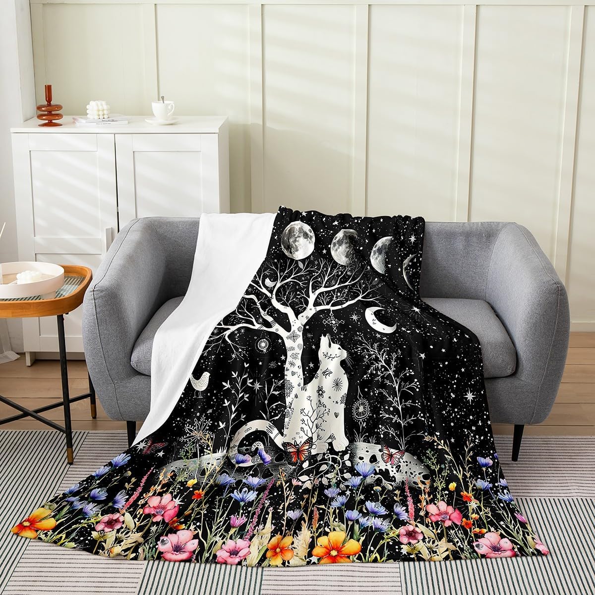 Feelyou Sun Moon Blanket Boho Exotic Cat Plush Throw Blanket, Bohemian Floral Flannel Fleece Blanket for Women Men Room Decor Galaxy Animals Throw 50"x60"