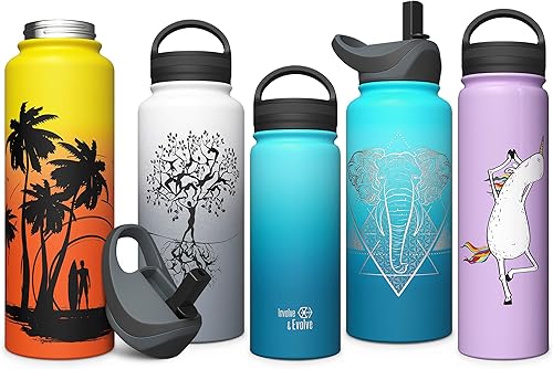 Miniatura 9 de Involve & Evolve Botella de agua aislada con 2 tapas (tapa con pajilla) reutilizable de doble pared de boca ancha de acero inoxidable para niños,