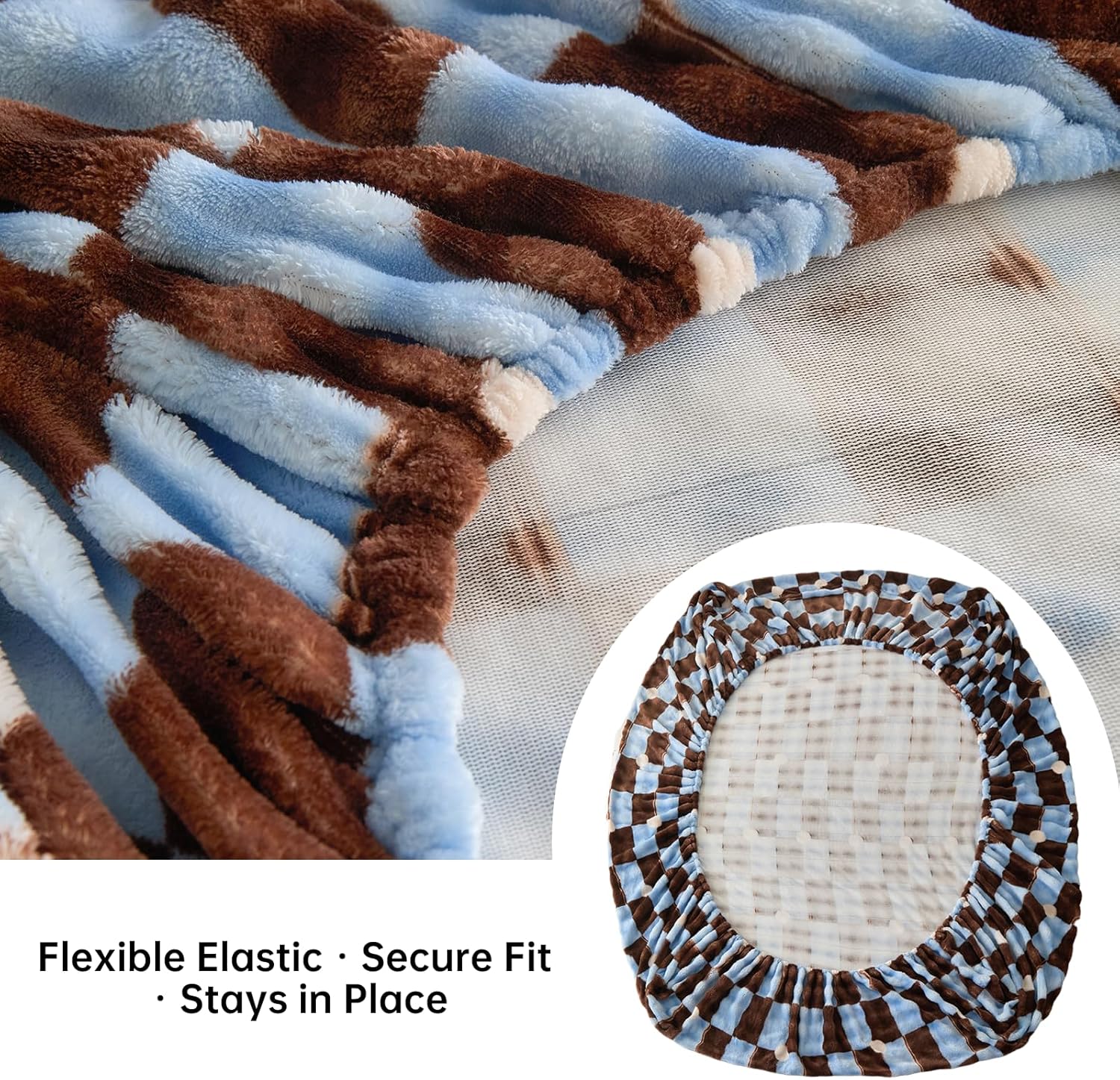 Twin Size Bed Sheet, Luxury Soft Cozy Twin Fitted Sheet with 2 PCS Pillowcases, Velvet Sheets Fits 15 inches Deep Pocket Mattress (Brown and Blue Plaid)