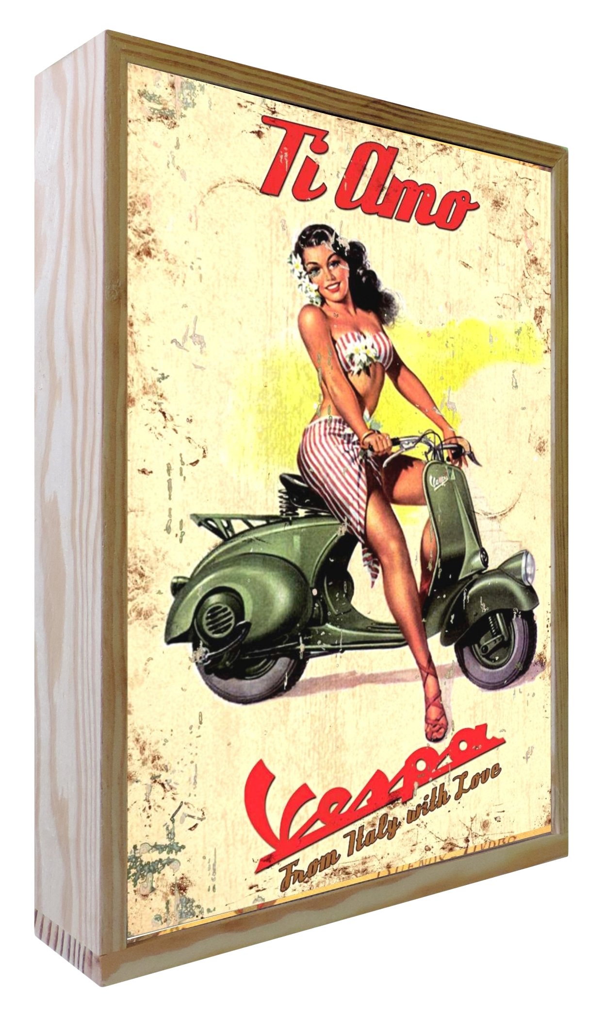 Vespa poster vintage illuminé en bois multicolore pour salon cosy