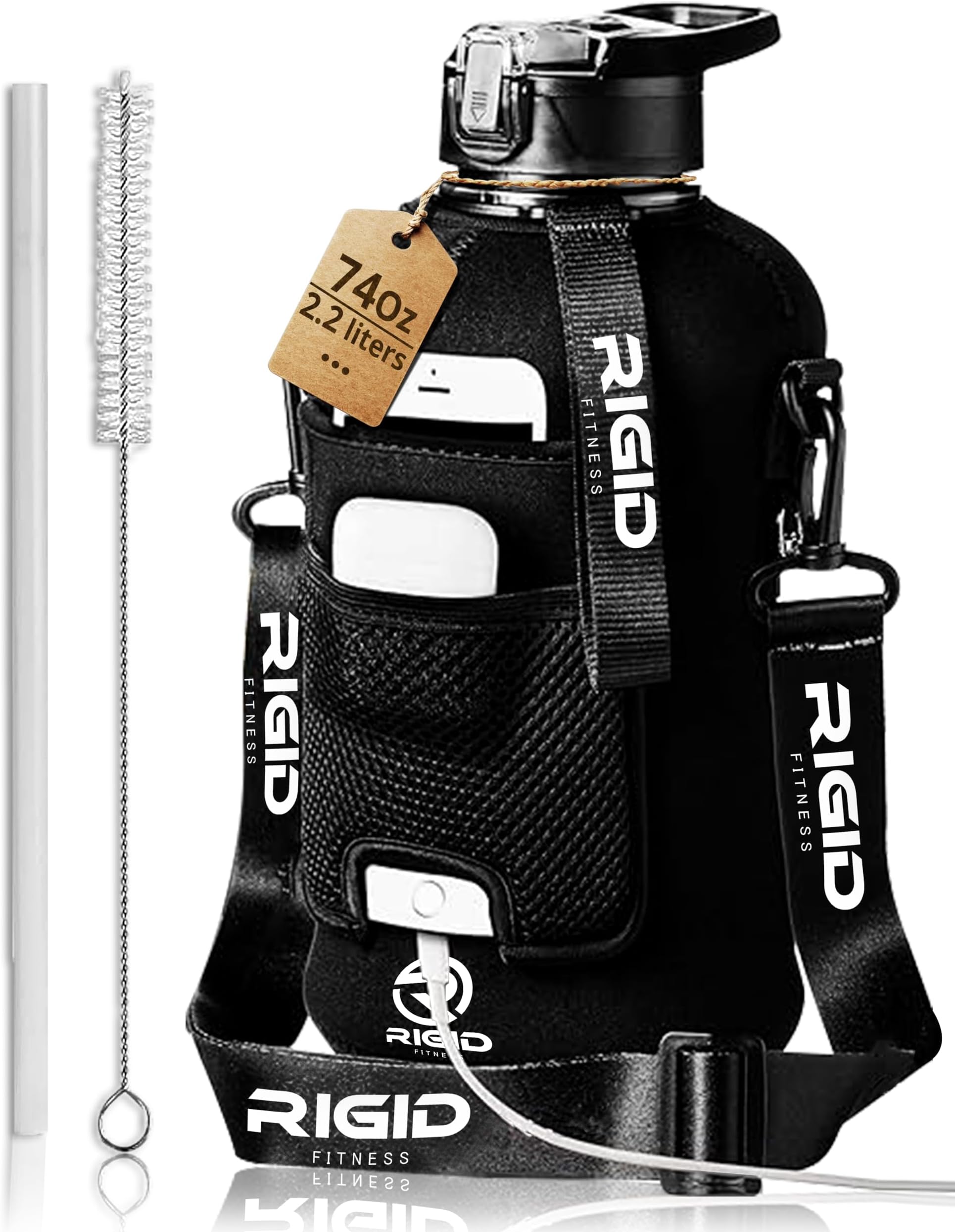 Gym Bottle & Hydration Jug - Large Water Bottle with Straw, Storage Sleeve for Phone - BPA-Free & Healthy for Workout, Hiking, and Daily Use - 2.2L/74oz (Black)