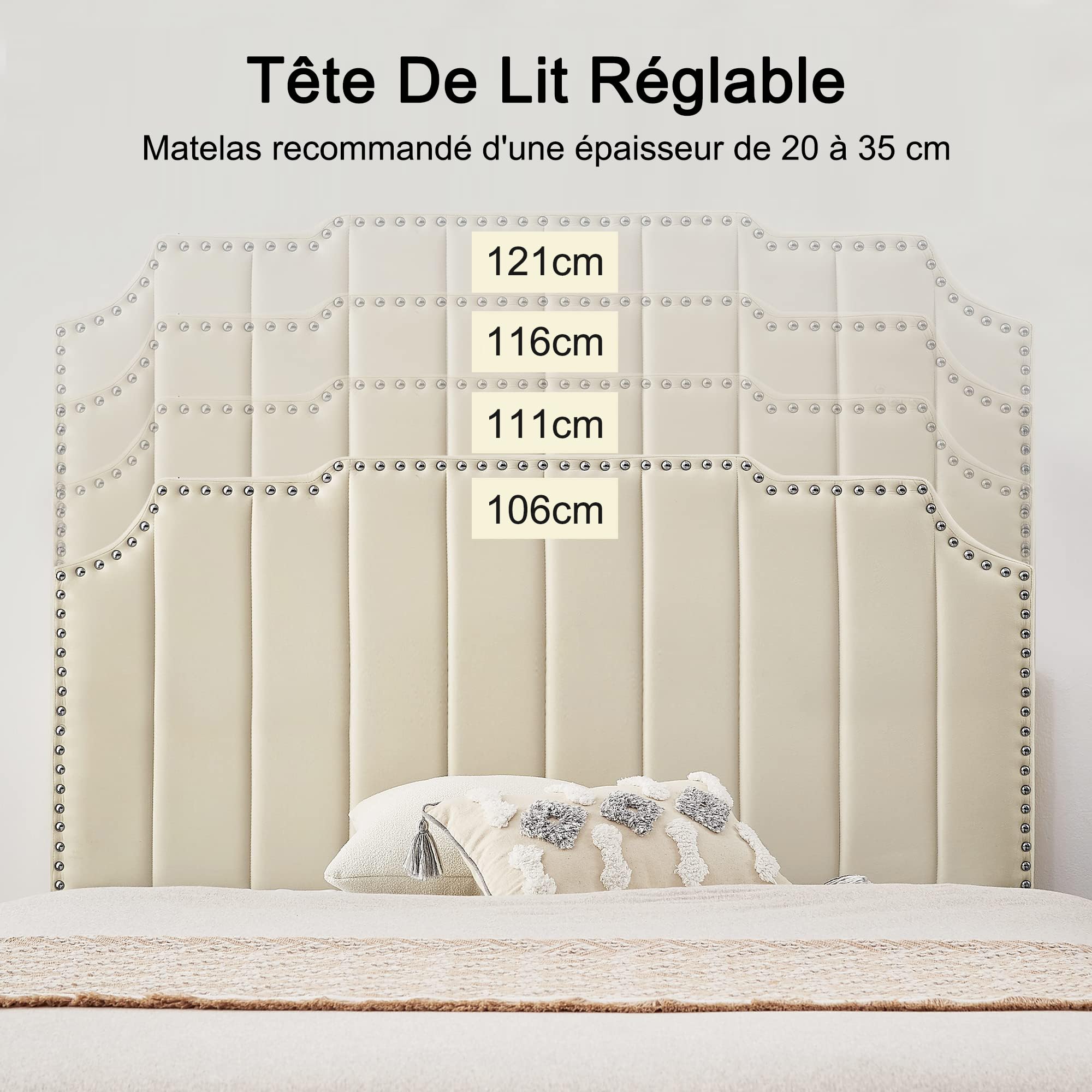 VECELO Lit Double Rembourré 140x190 cm, Cadre de Lit avec Tête de Lit, Support à Lattes en Bois Solide, Tissu en Velours Haut de Gamme, Facile à Assembler, Beige