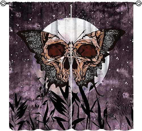 Cortinas de polilla de la muerte, cortinas bohemias góticas de calavera, fantástica decoración de fondo de luna llena, plantas estrelladas moradas,