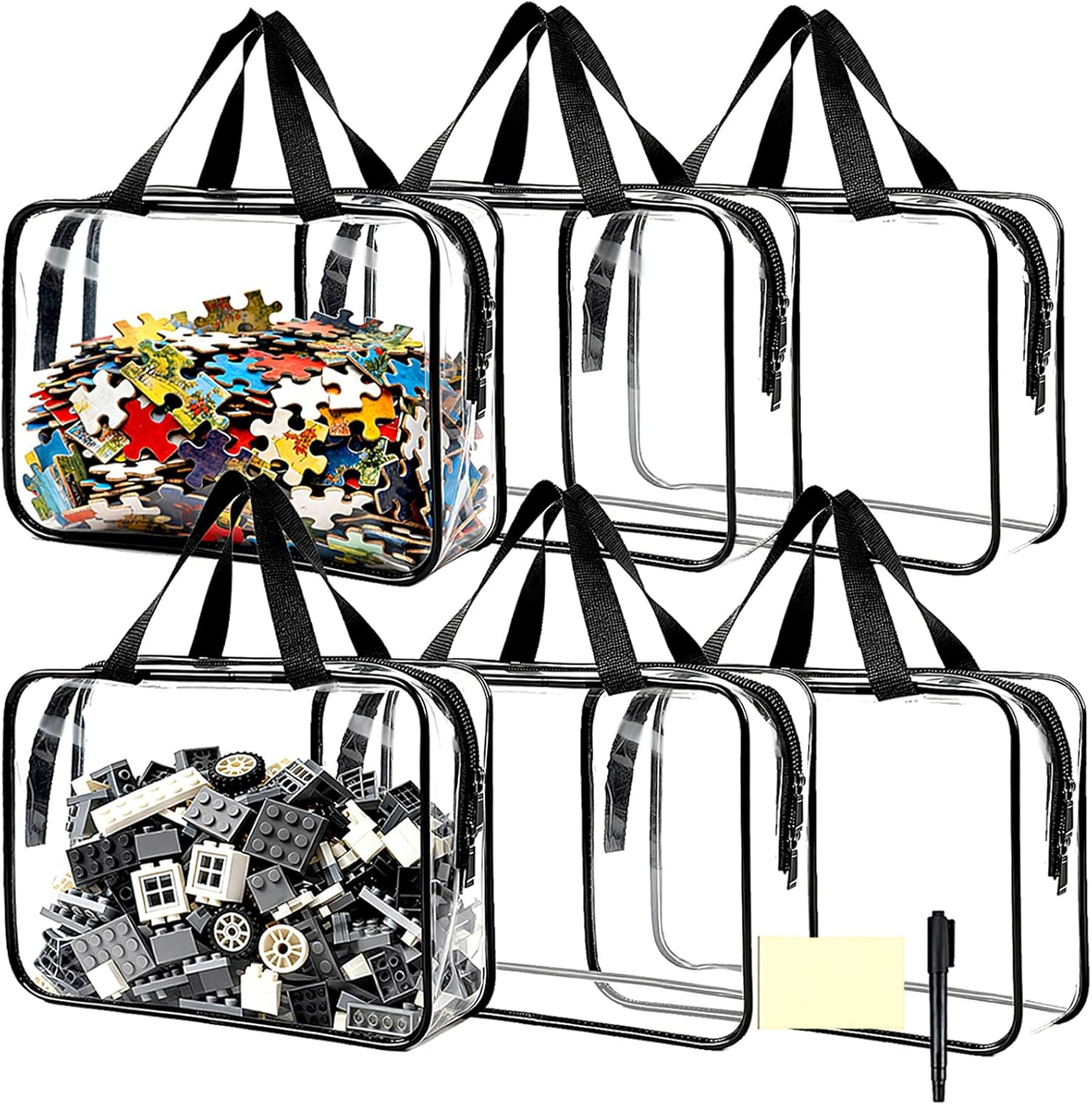 Fuator 6 Pack Large Clear Toy Storage Bags - Waterproof PVC Organizer with Double Zipper, Handles for Puzzles, Blocks, Books & Travel