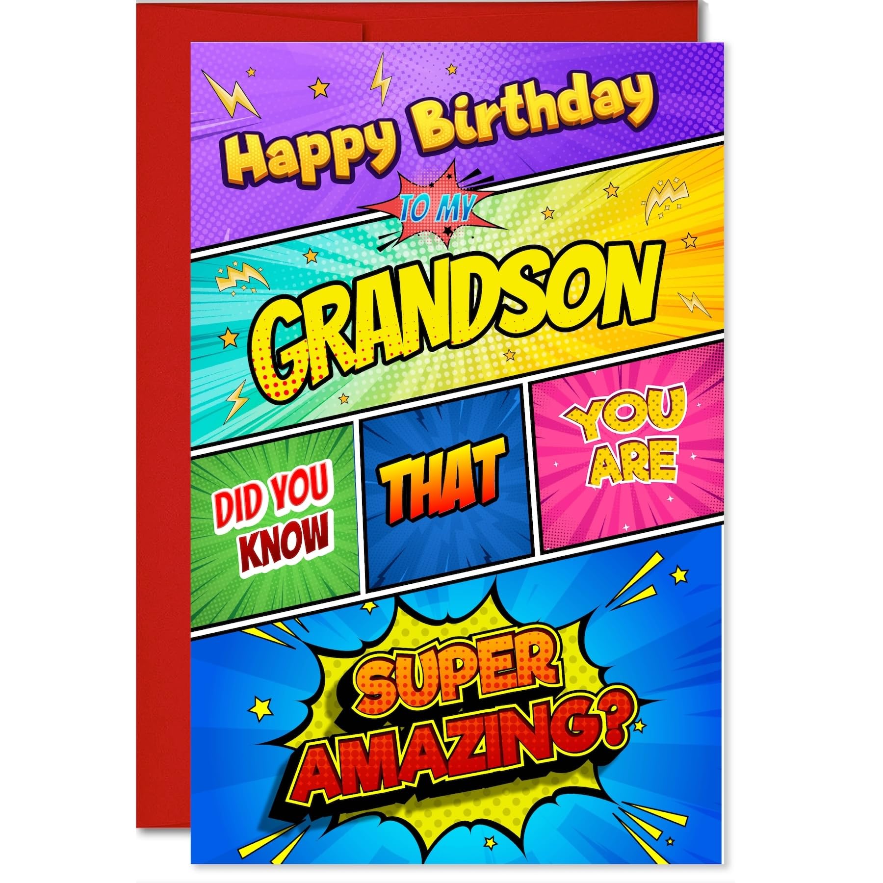 MegaCalendars Happy Birthday Card with Self-Adhesive Envelope for Grandson, Cute Custom Party Designs, Premium 320 GSM Cardstock, Made in USA -