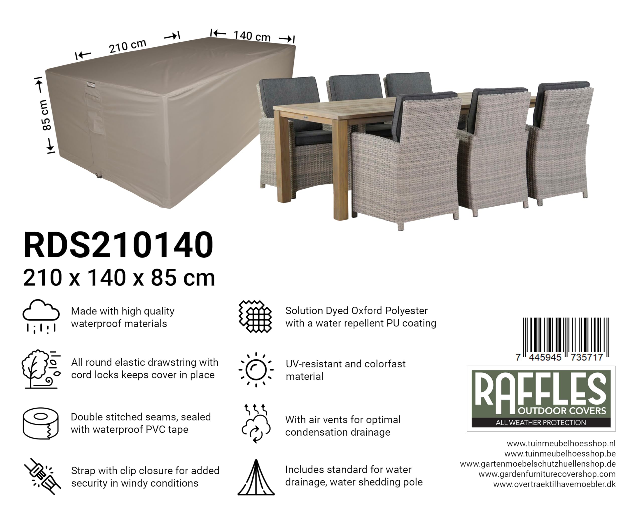 Schutzhülle für Gartenmöbel Rechteckig 210 x 140 H: 85 cm | Atmungsaktiv | Wasserdicht | UV - beständig | Doppelt genähte, PU-versiegelte Naht | Elastischer Kordelzug |