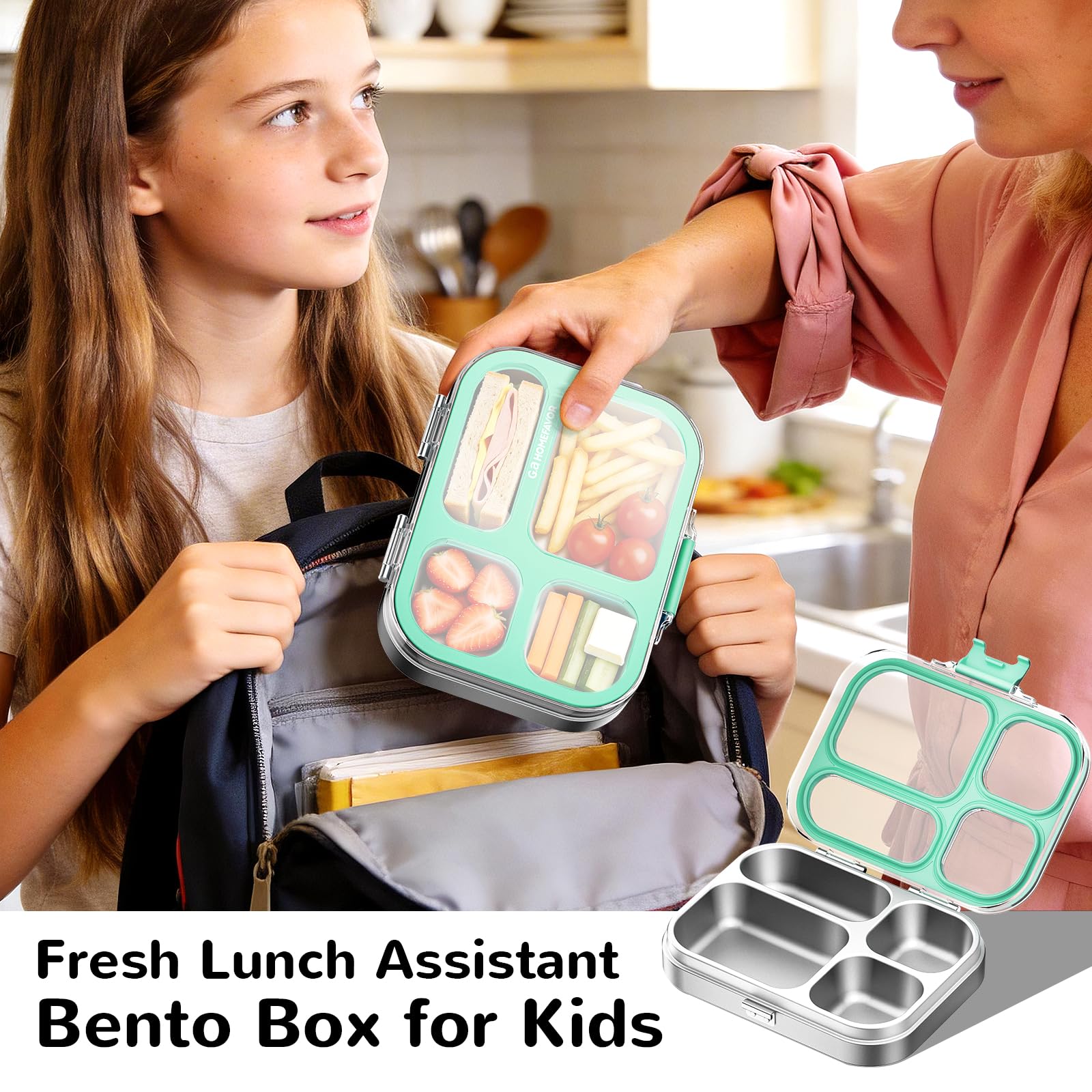 G.a HOMEFAVOR 800 ml Pudełko na lunch Bento ze stali nierdzewnej 304 dla dzieci, hermetyczne pudełko bento z 4 przegródkami, tacą na kanapki i sałatkę, nadaje się do zmywarki, zielony