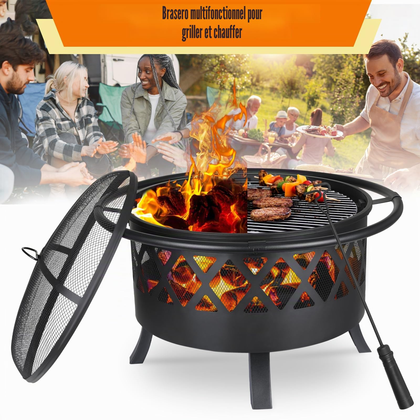 TLSUNNY Brasero Exterieur pour Jardin, Ø 81 cm Foyer, Brasero Barbecue avec Protection Anti-étincelles et Tisonnier, avec Grille de Barbecue, Grande Capacité, Noir