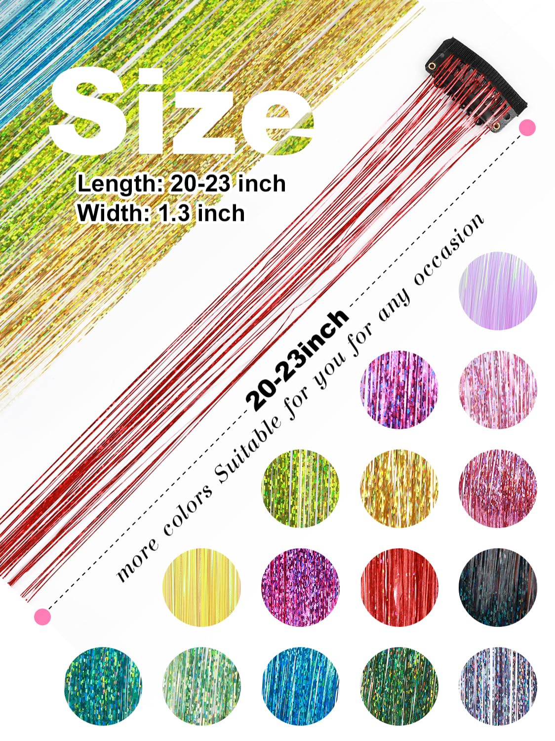 Red Hair Tinsel Extensions 3-Second Install Clip In and Go 22 Inch 12 Pcs Clip in Glitter Tinsel Hair Sparkle Wraps for Girls Beginner Friendly Perfect for Any Party