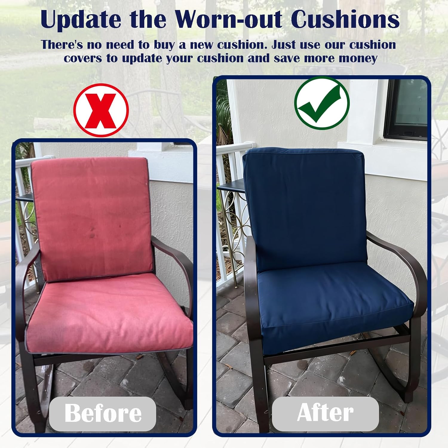 Patio Cushion Covers Replacement Outdoor Seat Cushions Cover for Patio Furniture, 4Pcs Deep Seat Bottom and Back Cushion Cover Set for Chair, Sofa and Couch, 28x28x6, 28x17x6, Blue