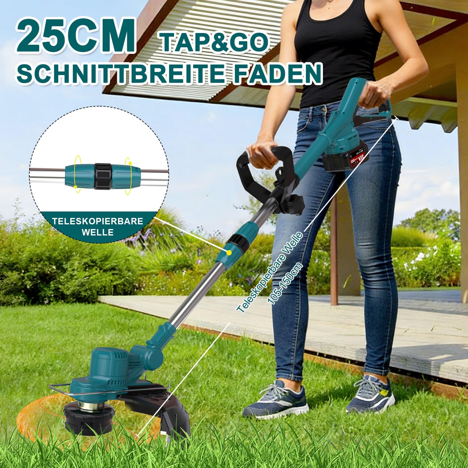 Akku Rasentrimmer für Makita Akkus, Rasentrimmer mit Akku 21V, Rasentrimmer mit Unkrautbürste, Freischneider Akku - Inkl. 2 X 4.0Ah Batterie & Ladegerät, 750W Bürstenloser Motor (Blau)