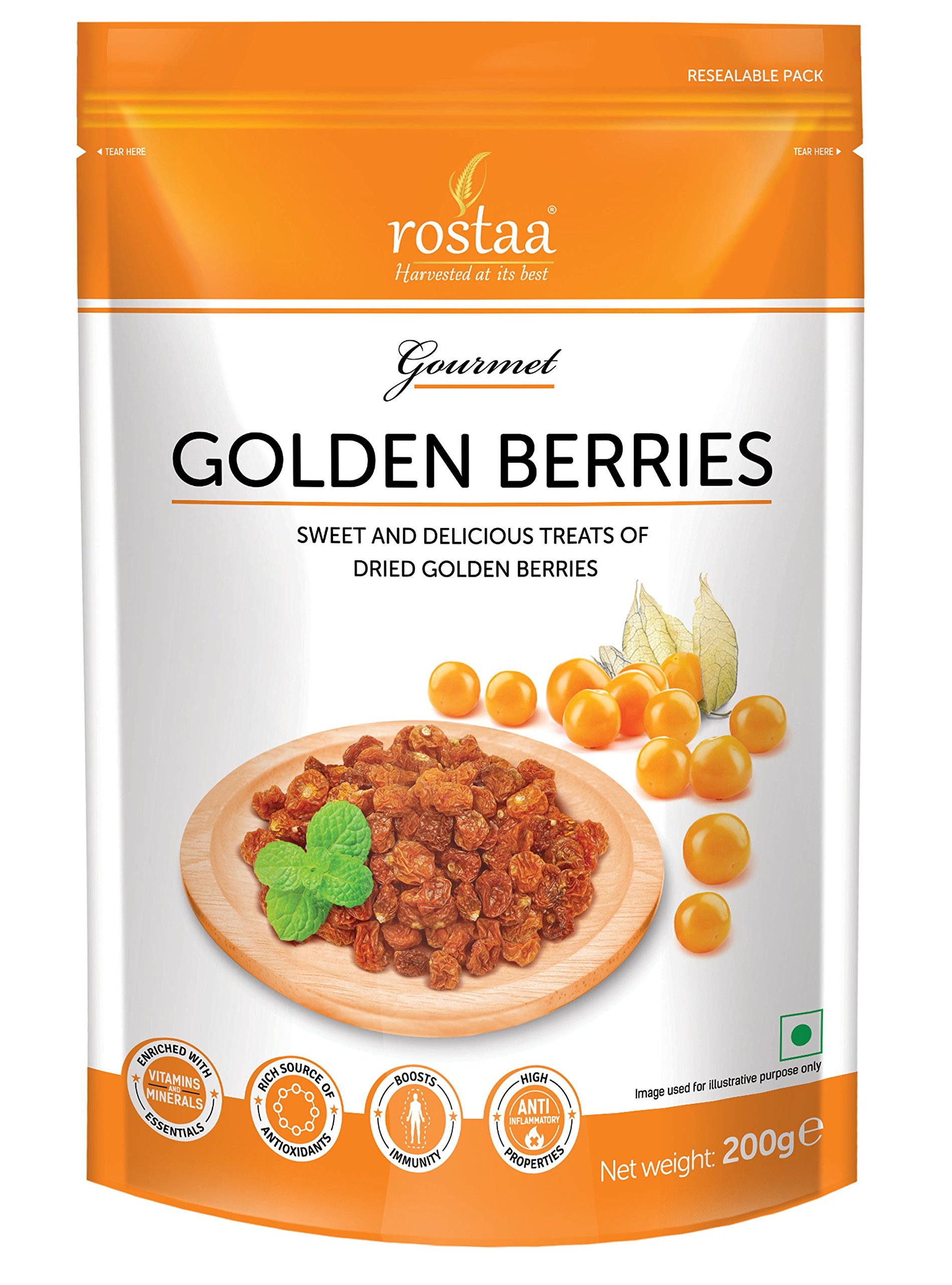 Rostaa Golden Berries Pouch 200gm Premium Dried Golden Berries, Naturally Rich, Dry Golden Berry, Dried Berries (Gluten Free, Non GMO, Nutritious, Vegan) | HEALTHY SNACK, Dried and Juicy Golden Berry