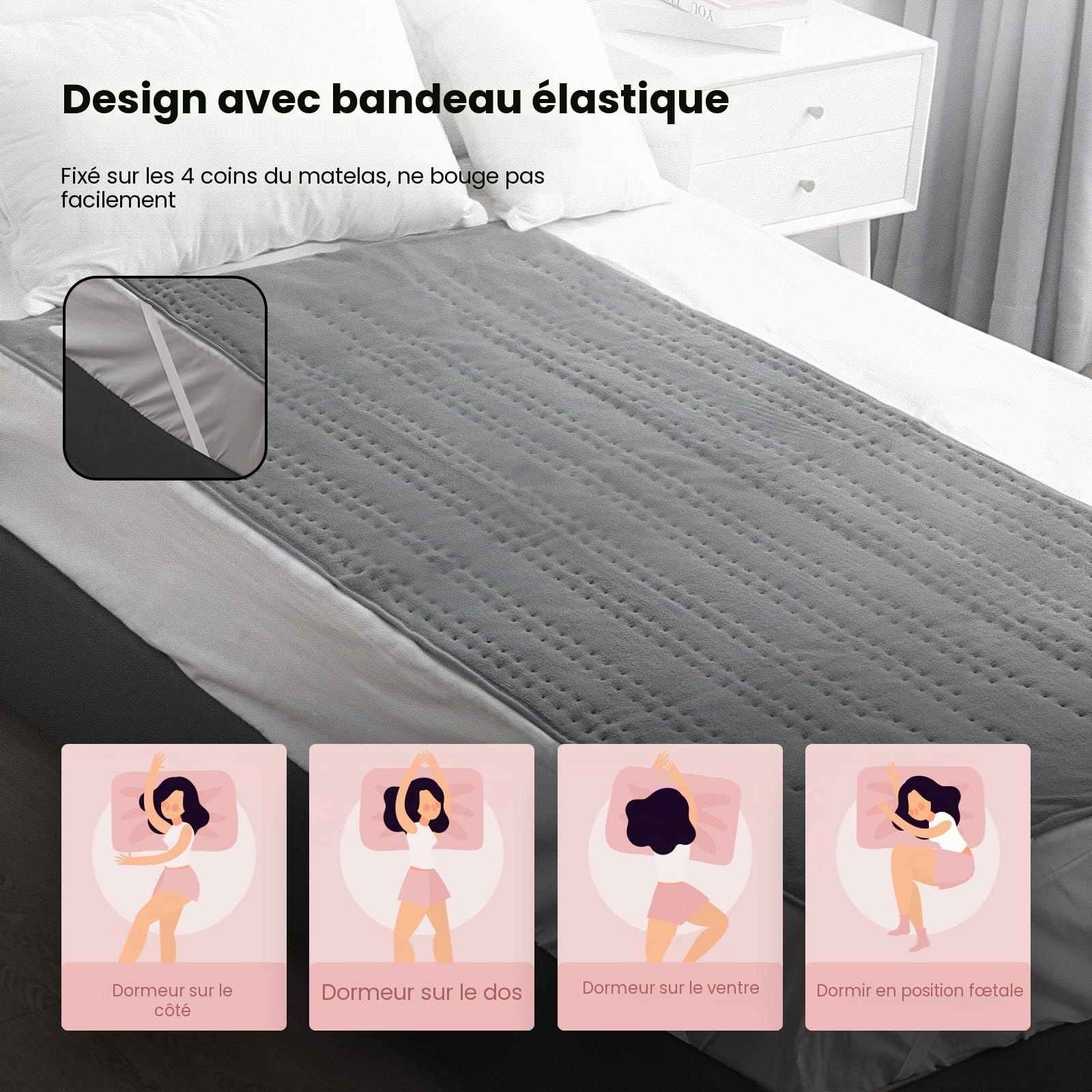 Couverture Chauffante 150 x 80 cm, Chauffe-lit Électrique avec 10 Niveaux de Température et Arrêt Automatique de 1 à 9 Heures, Fixation Facile sur le Lit et Le Matelas, Lavable en Machine