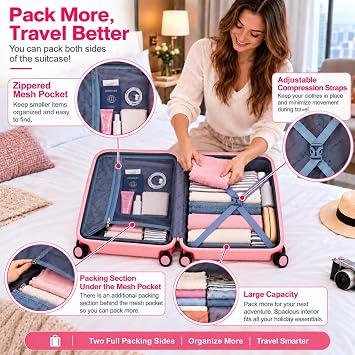 DK Luggage 20” Cabin Ryanair, EasyJet, BA, Jet 2 Hard Shell Approved Hand Luggage Polypropylene Suitcase 4 Wheel Spinner Luggage PP20 Light Pink