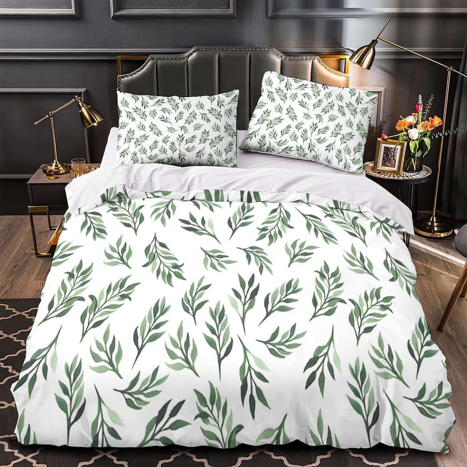 Parure de lit motif feuille 260x220 cm en microfibre super douce pour lit super king