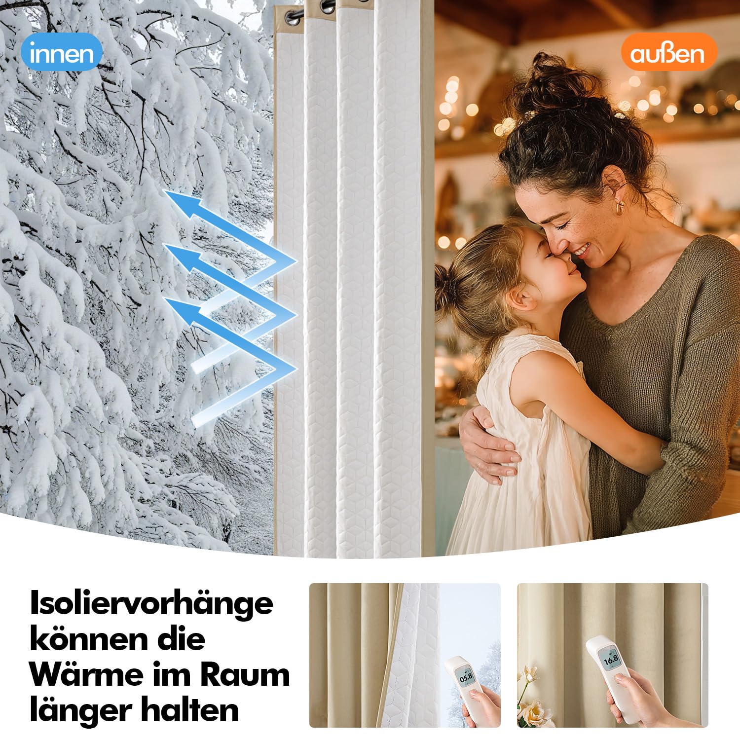 MIULEE Thermovorhang Samt, Kälteschutz Wärmevorhang, Beige, 132x225cm 1er | Doppellagiger Samt-Thermovorhang mit Gestepptem Futter, Blickdicht, Kälteschutz für Haustüren im Winter